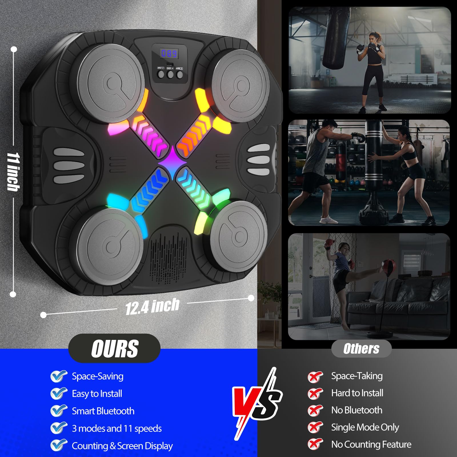 Máquina de Boxeo Musical para Niños, Máquina de Boxeo Bluetooth Montada en Pared con Guantes, Luces y Retroalimentación Sonora, Niños y Niñas de 3 a 12 Años (Negro)