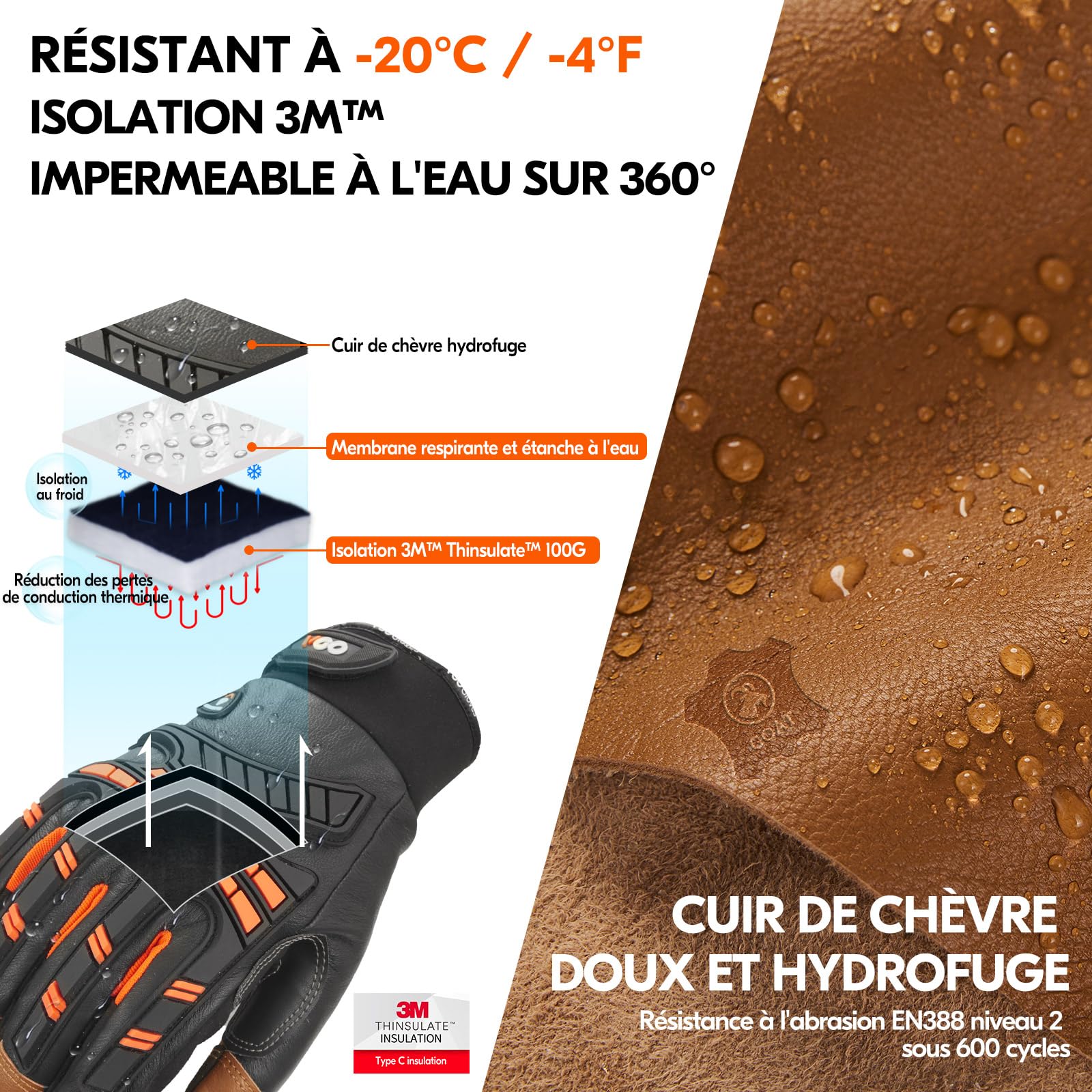Vgo...-20 °C gants d'hiver en cuir de chèvre intégral doublés(GA8954FW,L) | Orange,isolation C100,-20 °C et plus,Doublure résistante à l'eau,écran tactile,doux,construction,extérieur,ferme,conduite