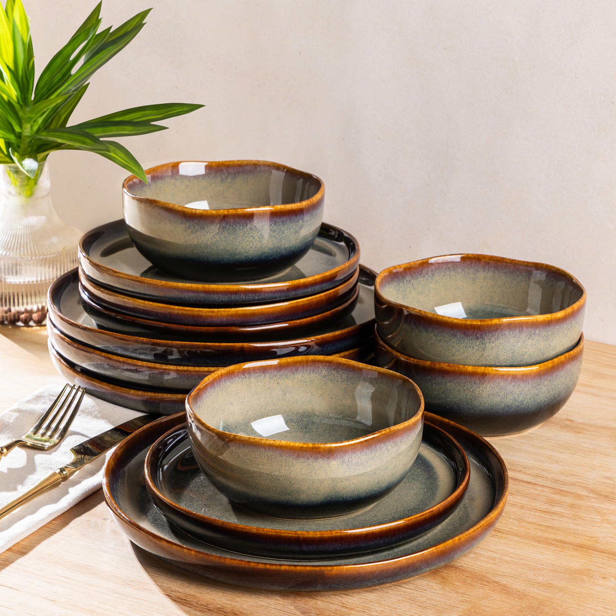 Ceramic Dinnerware Set for 4, 12-Piece Plates and Bowls Set | Handmade Reactive Glaze Dish Set, Scratch Resistant, Oven &amp; Microwave &amp; Dishwasher Safe, Coffee Bean