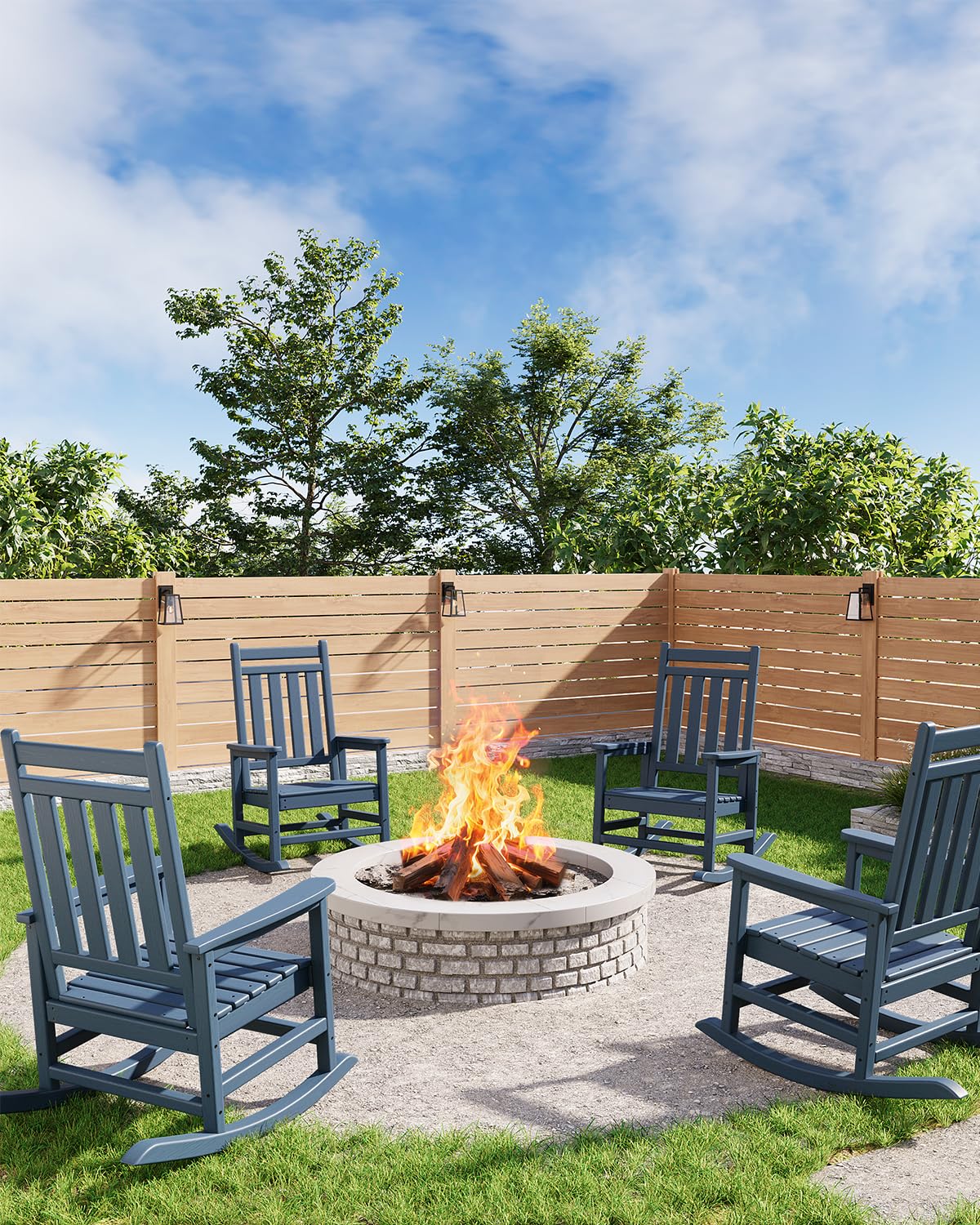GarveeTech Silla Mecedora de HDPE para Jardín y Exteriores - Respaldo Alto, Estilo Adirondack, Resistente a Todo Clima, Diseño Ergonómico, Imitación Madera Ideal para Patio, Porche o Terraza - Azul