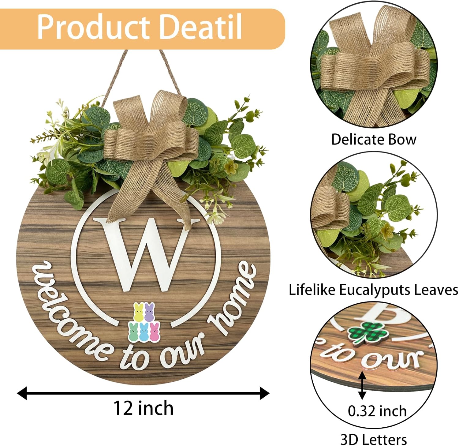 Interchangeable Seasonal Monogram Letter W Welcome Sign Front Door Decor Wooden Wreaths for Front Door Wreath Rustic Initial House Warming Porch Wall Home Decorations for All Seasons