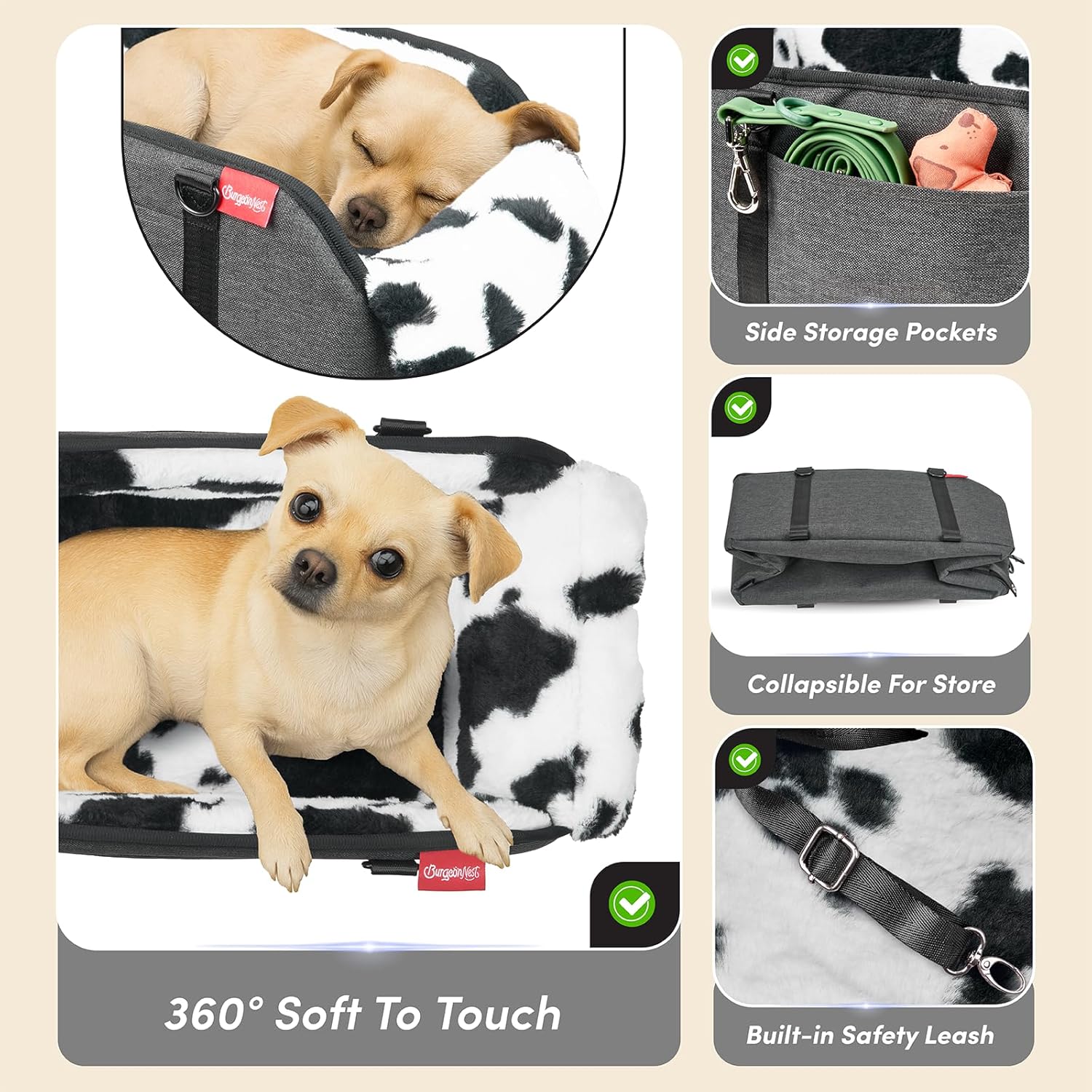 BurgeonNest Center Console Small Dog Car Seat - Portable Pet Cat Puppy Booster Armrest Carseat Up to 11lbs, Anti-Collapse Comfort Car Travel with Washable Fluffy Cushion and Pillow, Milk Cow