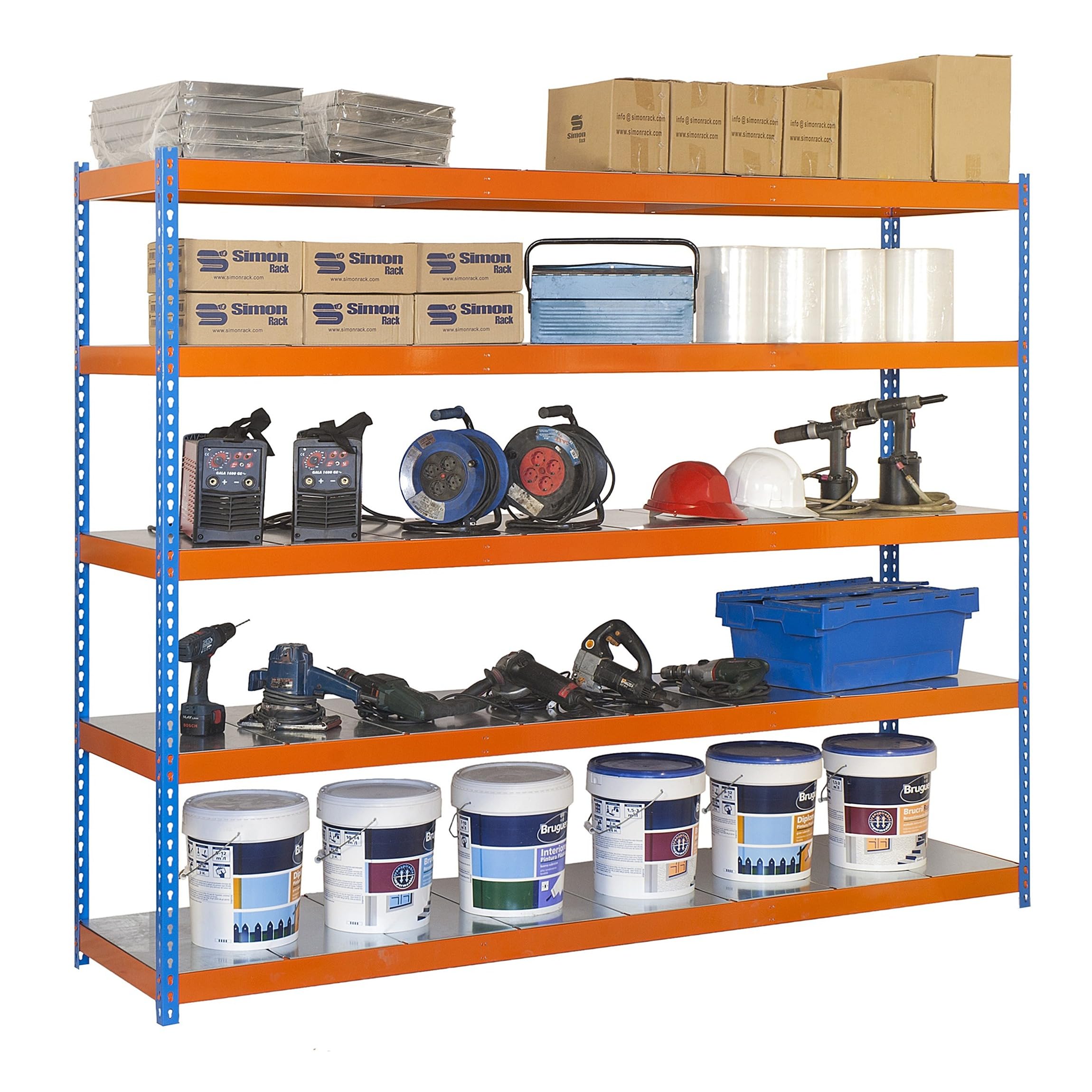 SimonRack Estantería Metálica Almacenaje, Sin Tornillos, 5 Baldas, Alta Capacidad Carga 400 kg, 2000x1800x750 mm, Estantería Taller Garaje Trastero, Azul/Naranja/Galva | 5 Estantes Metálicos, 400 kg de Punto Flexión, Pintura anticorrosión, Azul/Naranja/Ga