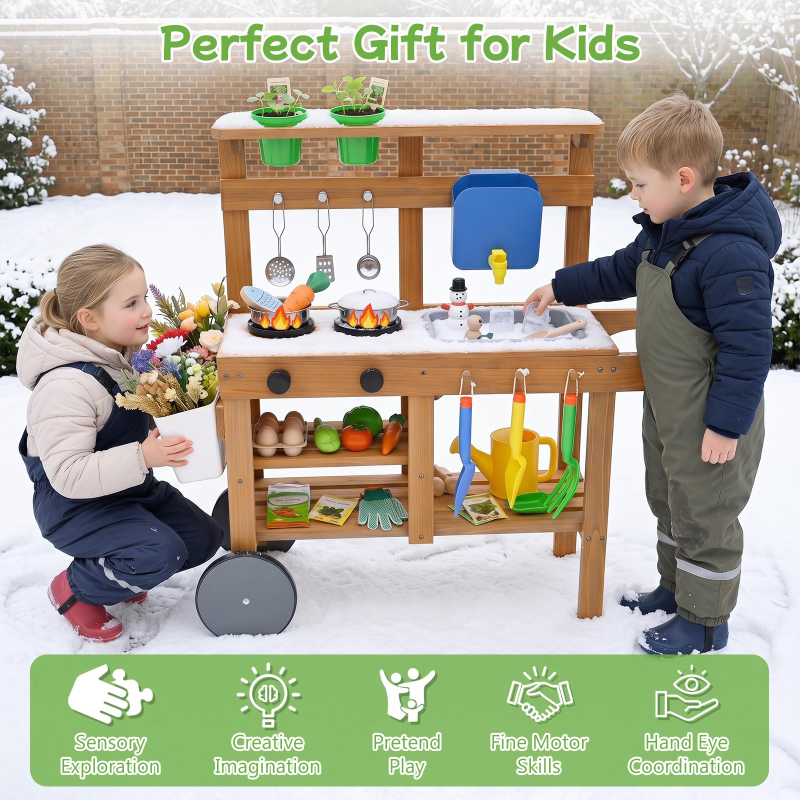 COSTWAY Cucina di Fango da Esterno, in Legno, per Bambini 3+ Anni | Cucina per Bambini con Padella, Serbatoio, Lavello, 2 Vasi di Fiori, 2 Ripiani Aperti, 2 Ruote e Accessori per Cucinare