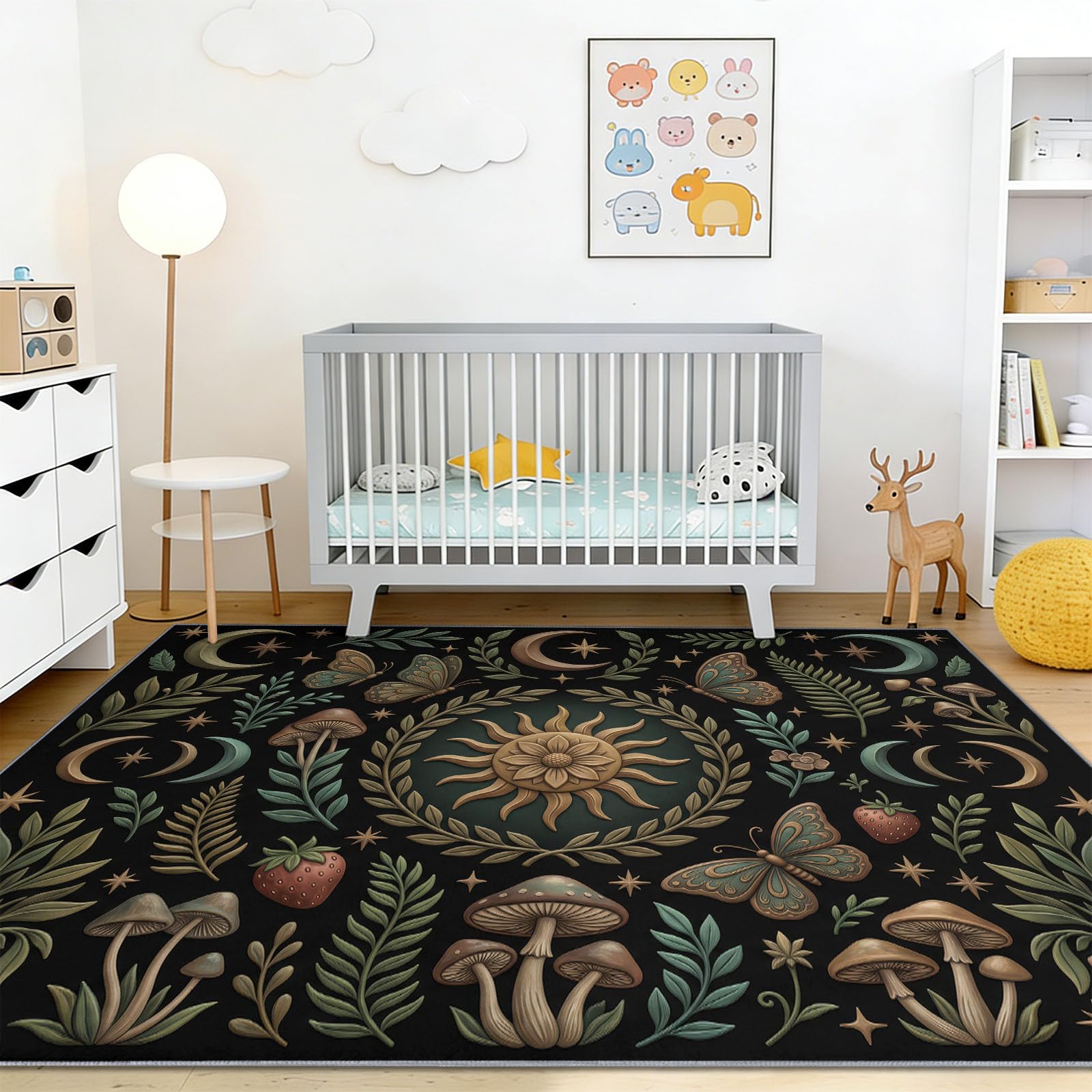 Antidérapant Papillon Soleil Lune Champignon Tapis Salon 140 x 200 cm, Fantastique Bohème Tapis Lavable Doux Poil Court, pour Cuisine Bain Chambre, Multicolore