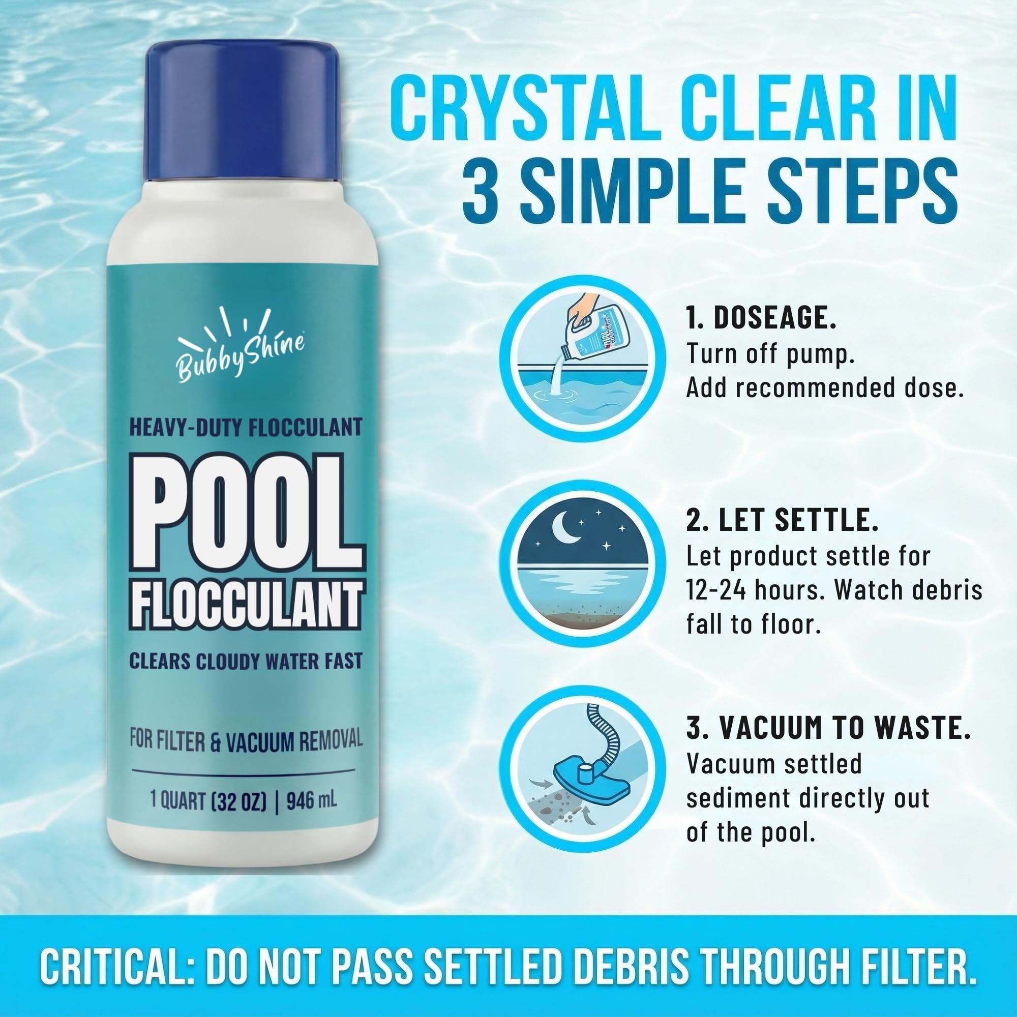 Clarificateur floculant de piscine – 946,4 ml – Clarificateur de piscine robuste, traitement de l'eau nuageuse goutte et vide, soutien de décantation des particules, compatible avec les sols enterrés