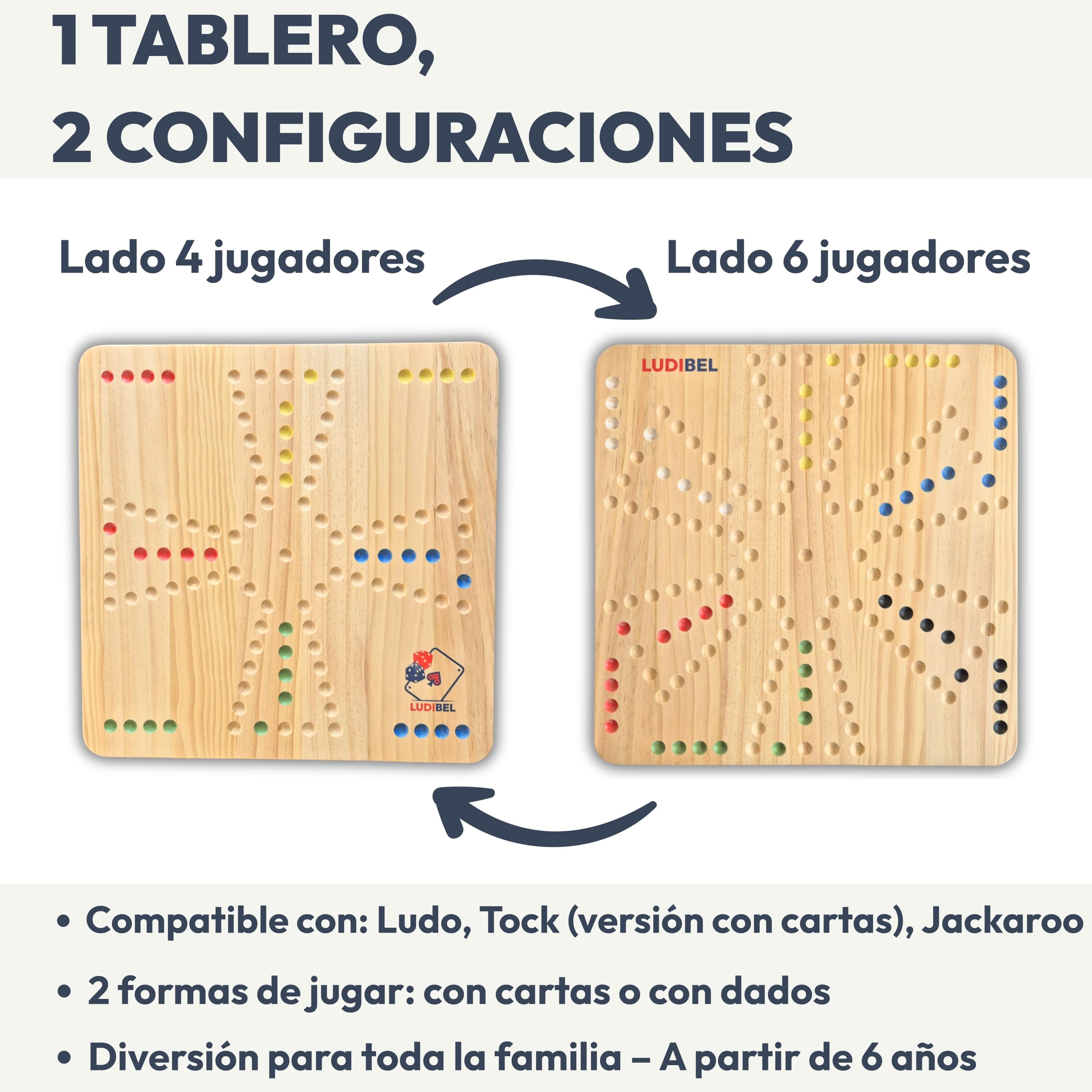 Juego de Ludo/Parchís XL 4–6 Jugadores – Tablero Reversible 40x40 cm de Madera Maciza – Compatible con Tock y Jackaroo – con Cartas o Dados – Incluye Canicas de Cristal