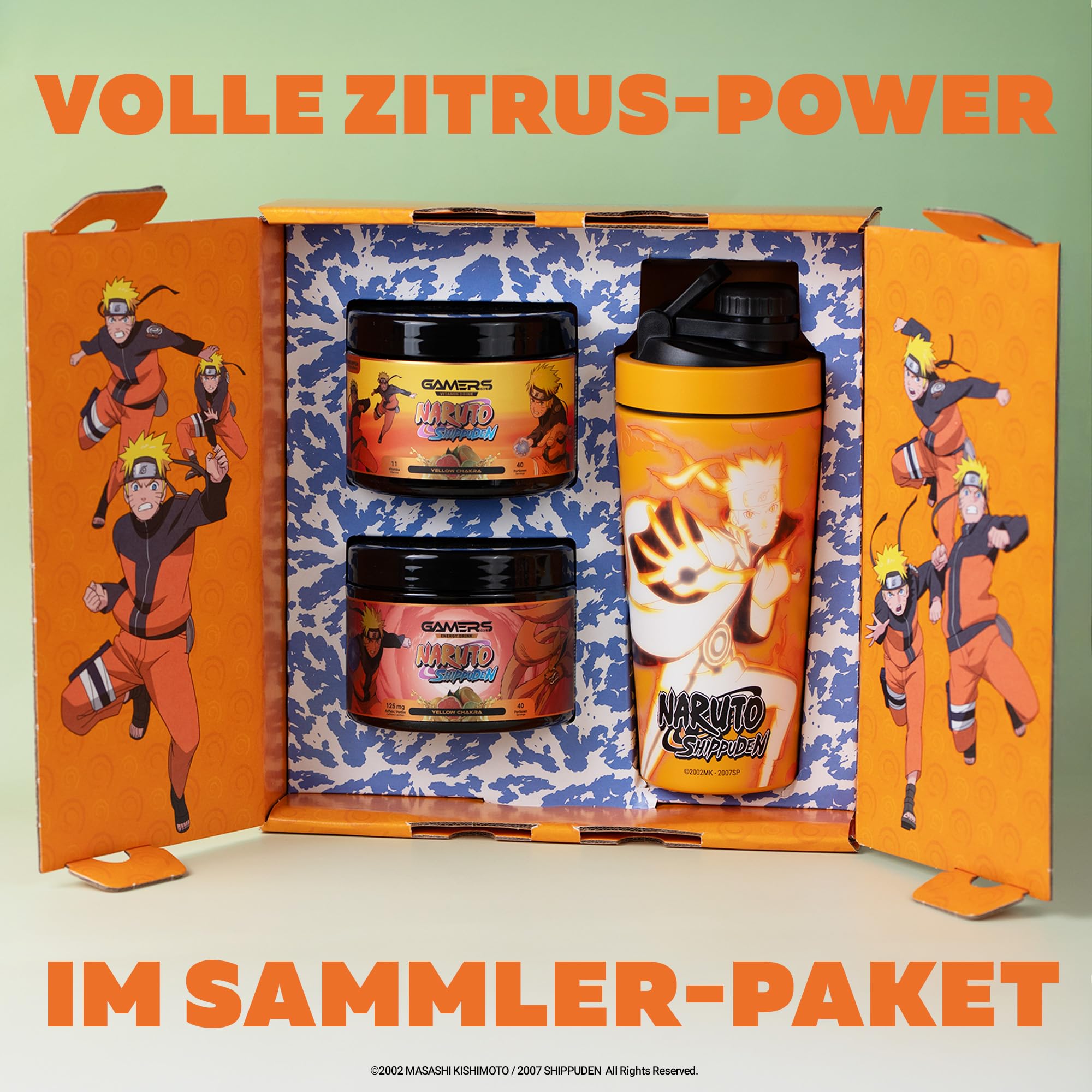 Gamers Only x NARUTO Collector Bundle [MIT ENEGRY PULVER & VITAMIN DRINK ] - 40 Portionen | inkl. Edelstahlshaker | Erhöht die Konzentration & Reaktionen | 125 MG Koffein