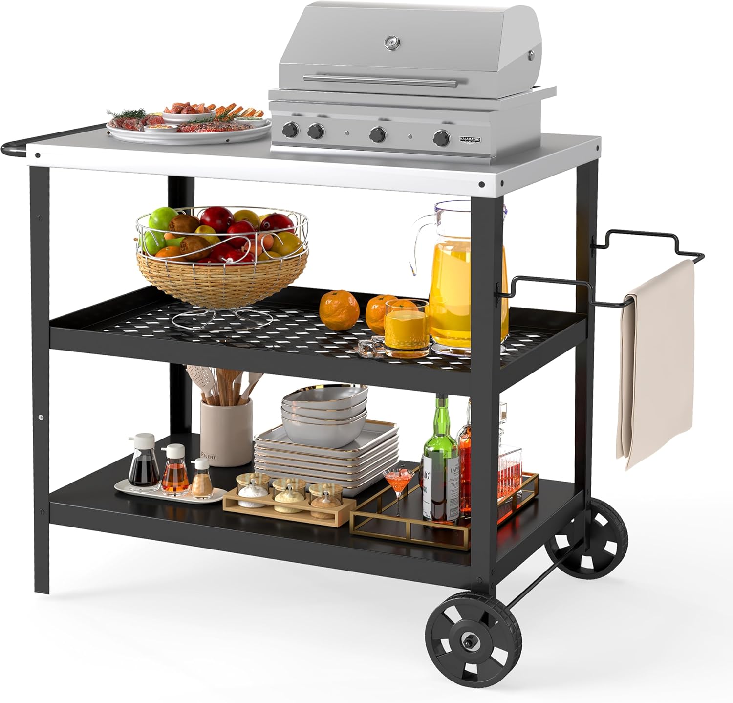 3-Tier Outdoor Grill Table Stainless Steel BBQ Prep Cart with Storage, Rolling Grill Stand for Pizza Oven, Outdoor Kitchen Prep Table with Wheels
