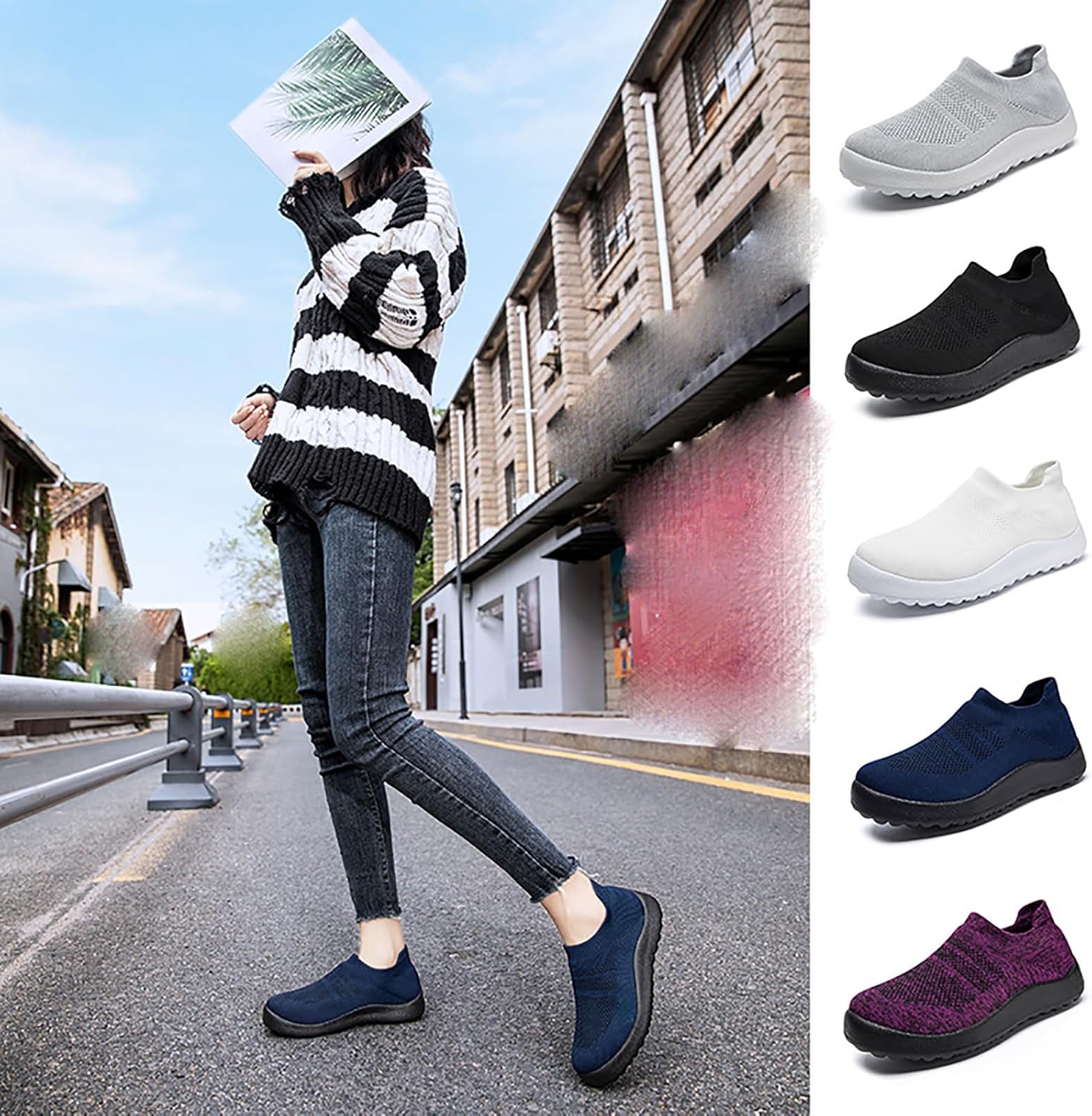 Women's Knitted Slip On Sneakers Comfortable Athletic Walking Sock Shoes Casual Breathable Mesh Tennis Workout Loafers - Image 9