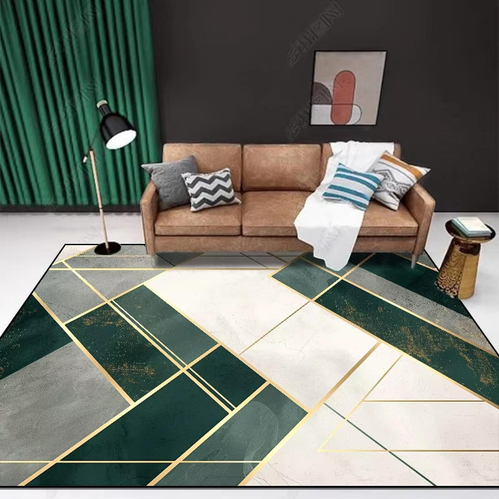 Alfombra geométrica verde moderna 90x130cm para decoración nórdica de salón