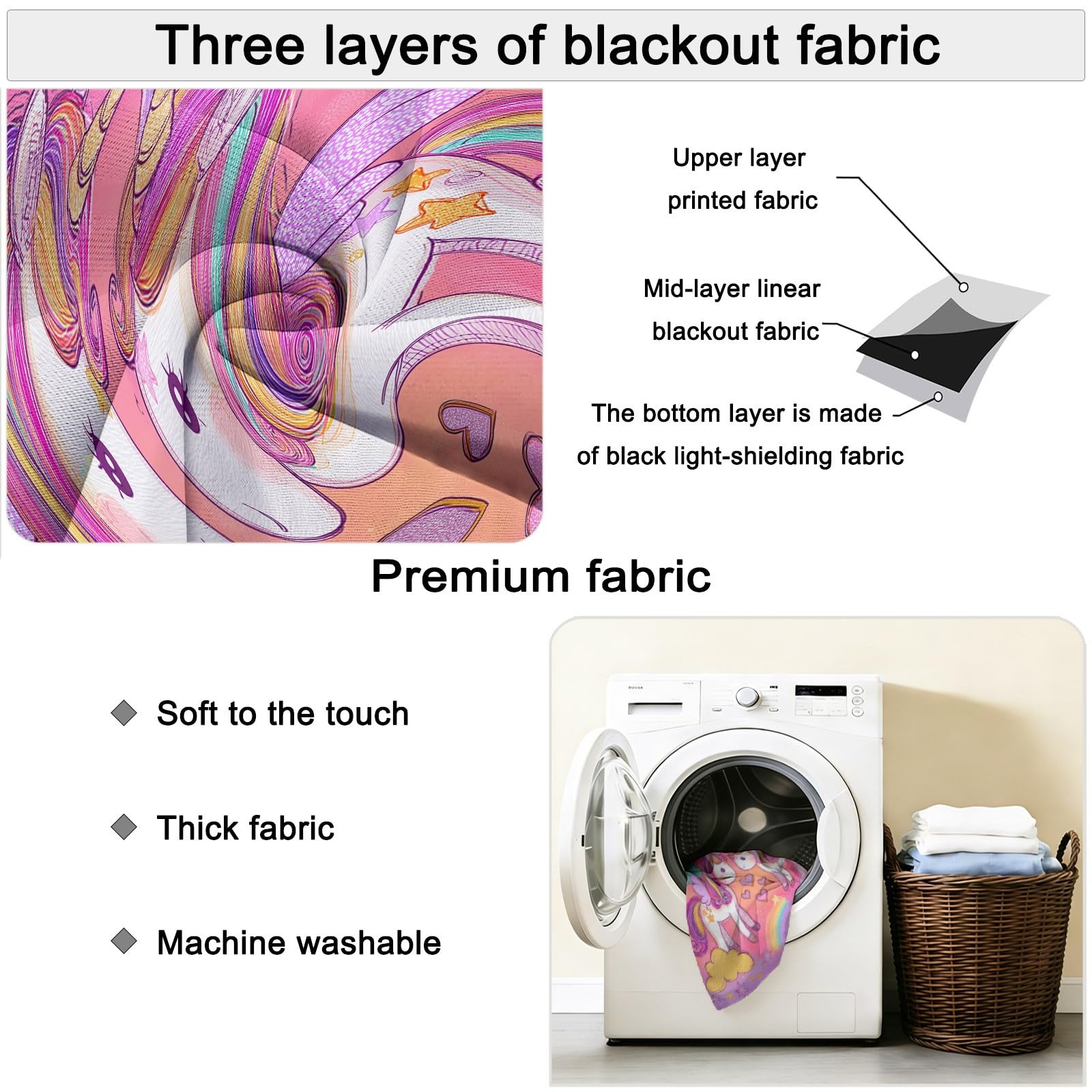 Rideaux Occultants avec Motifs Moderne Licorne Iridescent Cœur, Design Rose, Tenture Isolante Anti-Froid pour Chambre d'enfant et Salon, 110L X 215H cm (2 Panneaux)