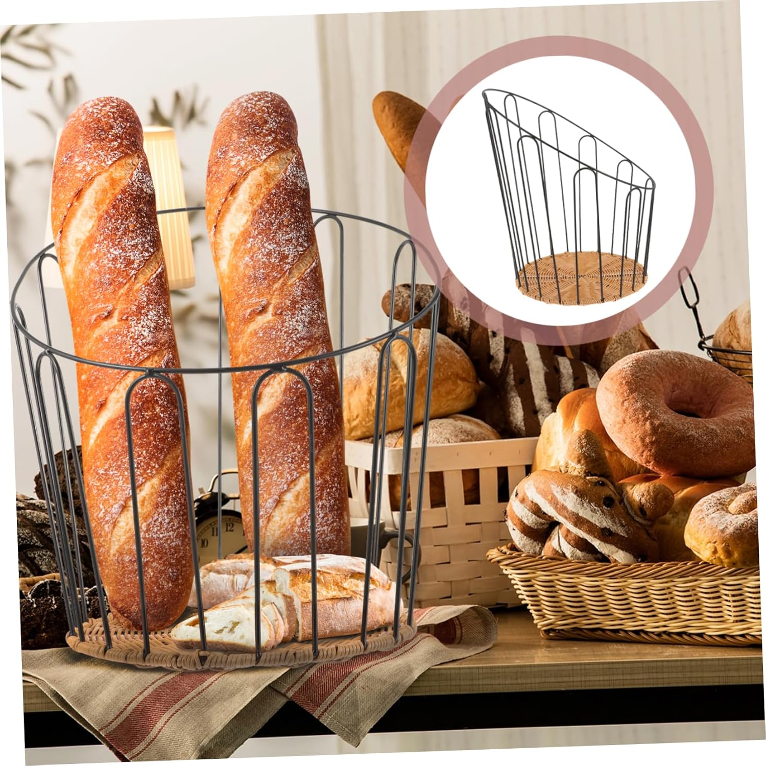 Mikinona Bread Storage Basket Iron Frame Hollow Design for Kitchen Countertop Rustic Woven Basket for Banquets Safe Material Decorative and Functional Storage