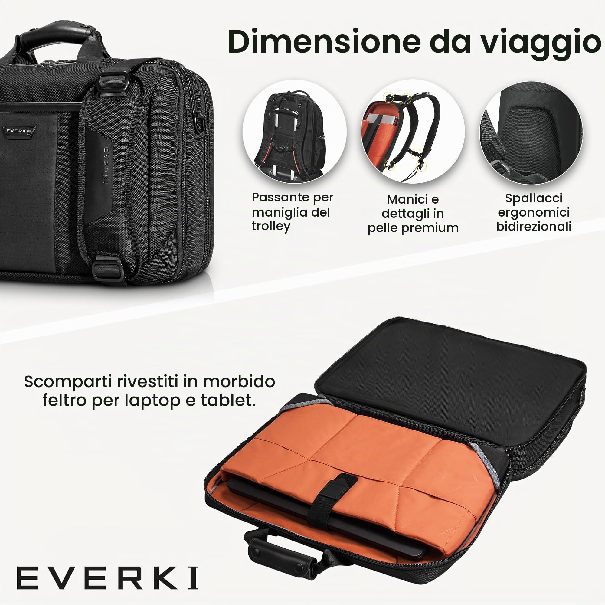Everki Versa valigetta per laptop – robusta per laptop 13"–17,3", borsa da viaggio idrorepellente con più tasche, elegante per donna e uomo – Nero (EKB427BK17)