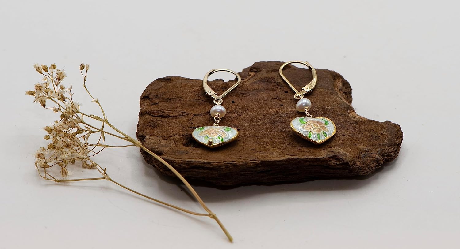 LTC Designs 14k Gold-filled Leverback Heart-Shaped Floral Cloisonné Earrings with White (3.5-4 mm) Cultured Freshwater Pearls