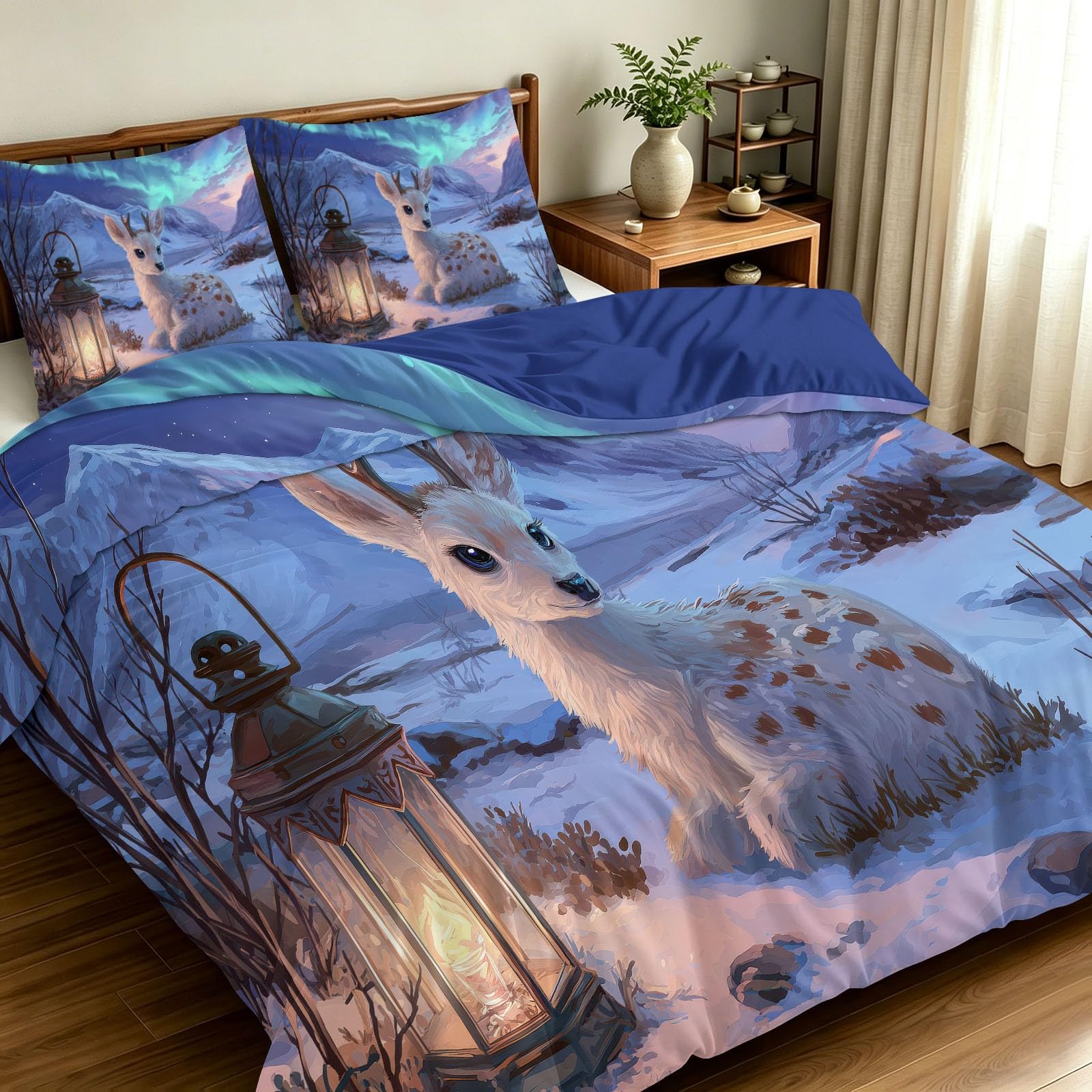 Générique Fantastyczna poszwa na kołdrę 3D Animal 220 x 240 cm, latarnia jeleń śnieżna góra - 3-częściowy zestaw pościeli z niebieskiej mikrofibry z nadrukiem (poszwa na kołdrę 2 poszewki na poduszki)
