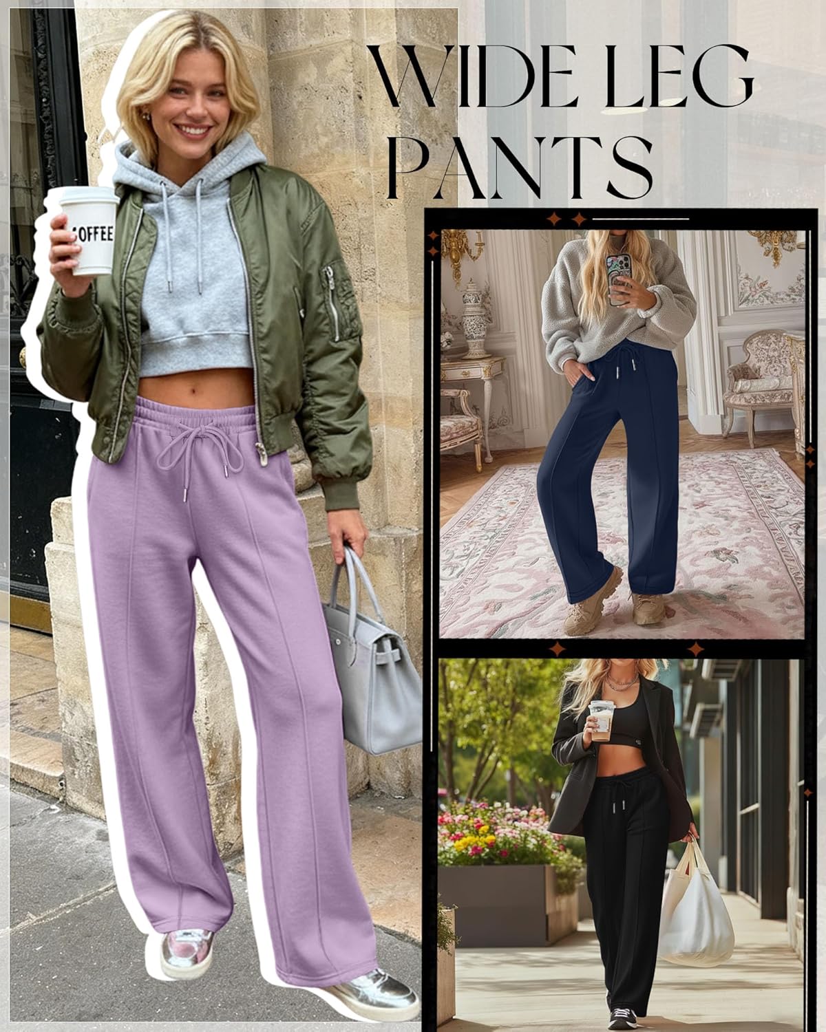 3 Pack Women's Wide Leg Lounge Pants High Waisted Baggy Sweatpants Drawstring Athletic Yoga Joggers with Pockets - Image 4