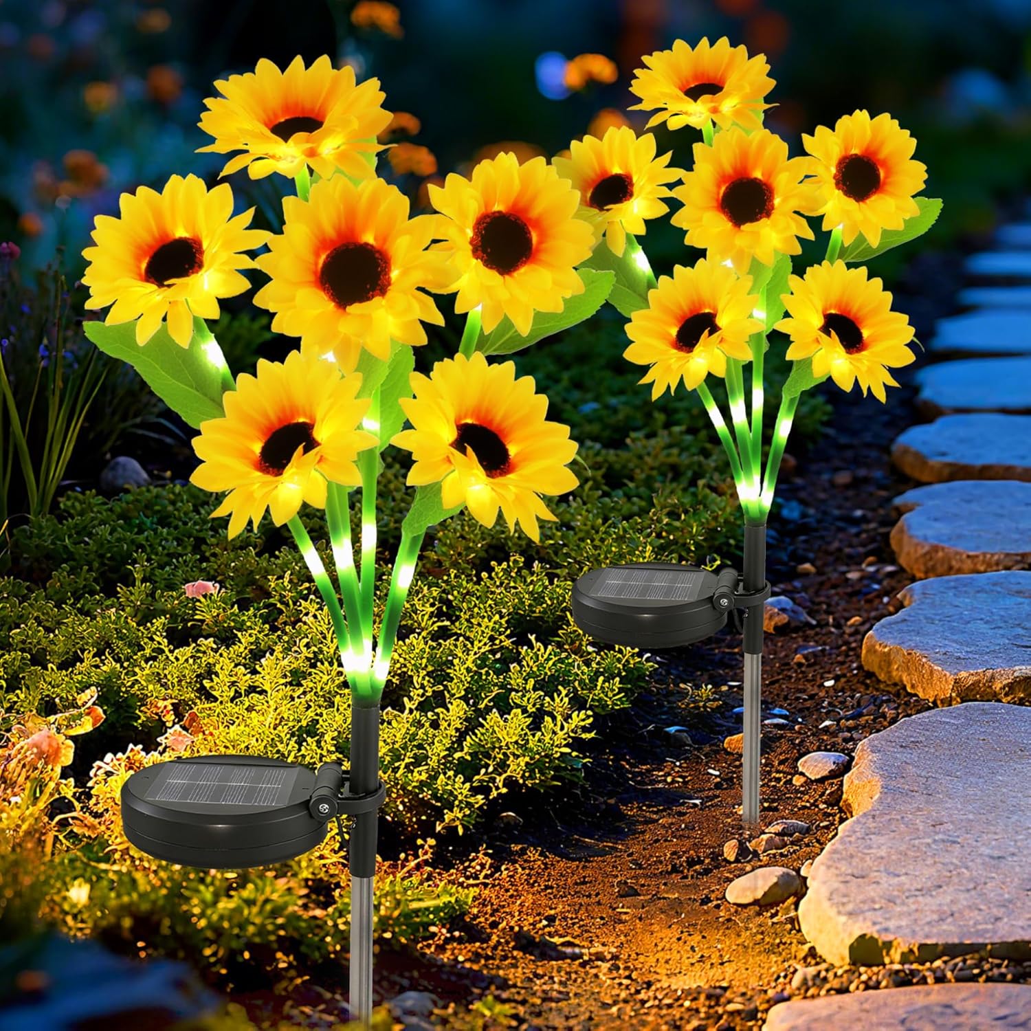 Anothera 2Pcs Solar Sunflower Lights Features Flashing or Steady-on Modes, Waterproof Sunflower Garden Lights for Outdoor Patio, Lawn, Valentine's Day Gifts for Wife and Girlfriend