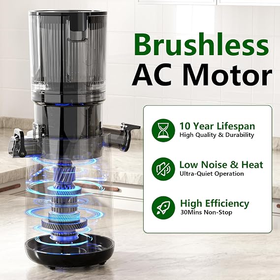 Juicer Machines, Cold Press Juicer with 5.3 Extra Large Feed Chute and Powerful AC Brushless Motor Fit Whole Fruits & Vegetable, High Juice Yield, BPA Free, Extra One Replace Strainer