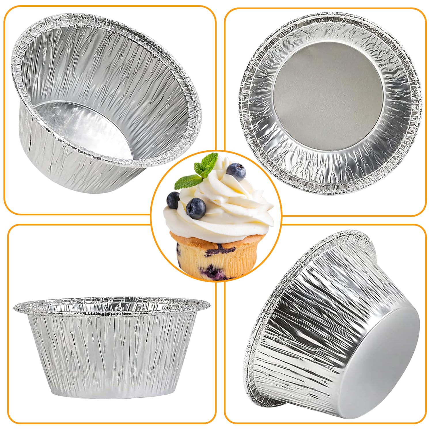 Vasos de aluminio para hornear, paquete de 150 moldes desechables de 113.4 g para magdalenas, moldes de aluminio para magdalenas, moldes de papel de aluminio plateado para tartas, hornear,