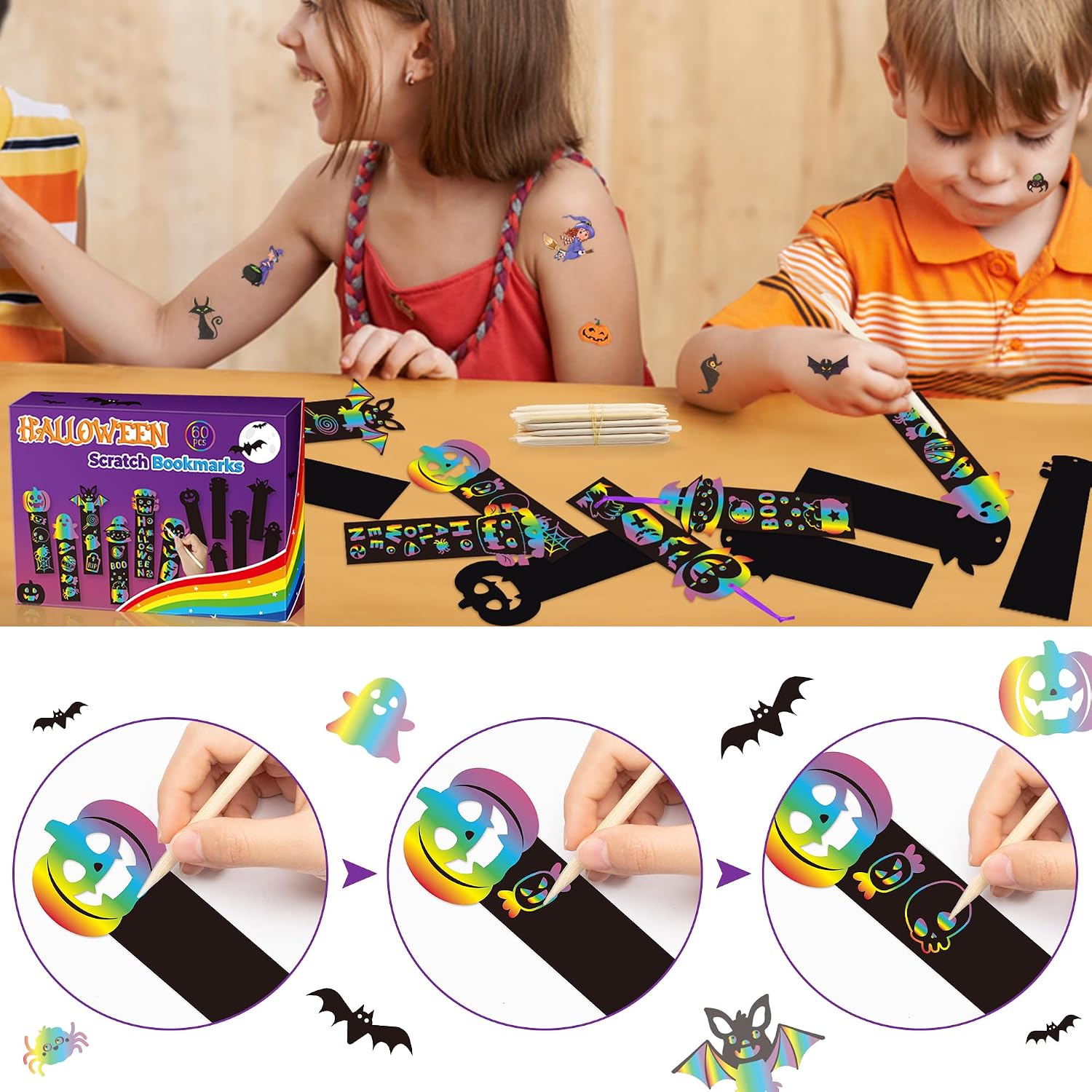 BeYumi 60Pcs Halloween Scratch Bookmarks Gift Set for Kids DIY Pumpkin Bat Witch Frankenstein Spooky Boo Vampire Magic Scratch Paper Art Craft School Classroom Activity Art Project Party Favor