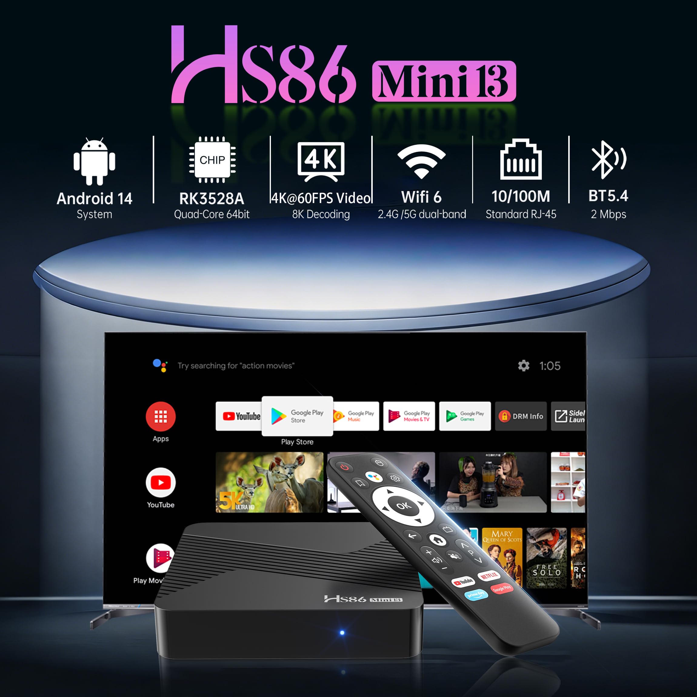 Smart TV Box Android 14.0 4K@60FPS, 2026 Última Android Box RK3528 RAM 4G ROM 32G WiFi6 Enternet 10/100M Bluetooth 5.0 USB 3.0 Compatible con 3D HD HDR10+ Internet TV Box Smart Media Streaming Player