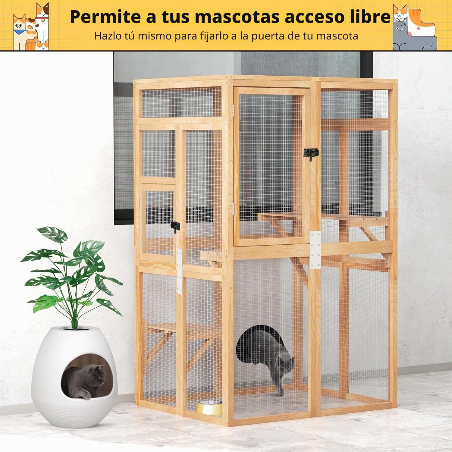 Recinto para gatos de 100 × 85 × 162 cm, resistente a la intemperie, para exteriores, casa para gatos Catio para balcón y jardín, recinto de madera con toldo, 3 niveles y hamaca