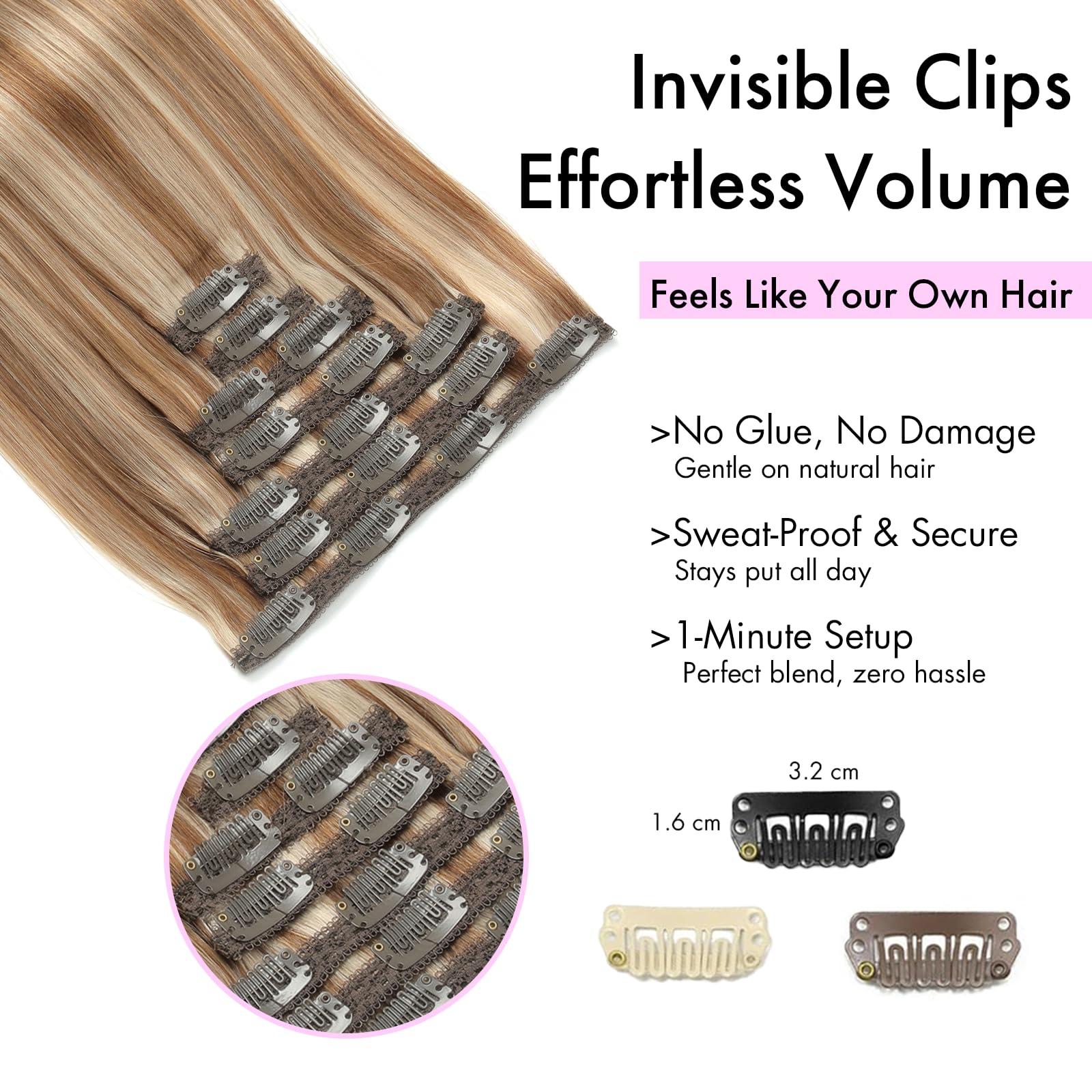 Extension Cheveux Naturel Clip, 7pcs 120g 45cm Invisible Rajout Cheveux Clip Naturel Ashblond mélangé brun clair Extension Cheveux(18Inch,P6/18K#)