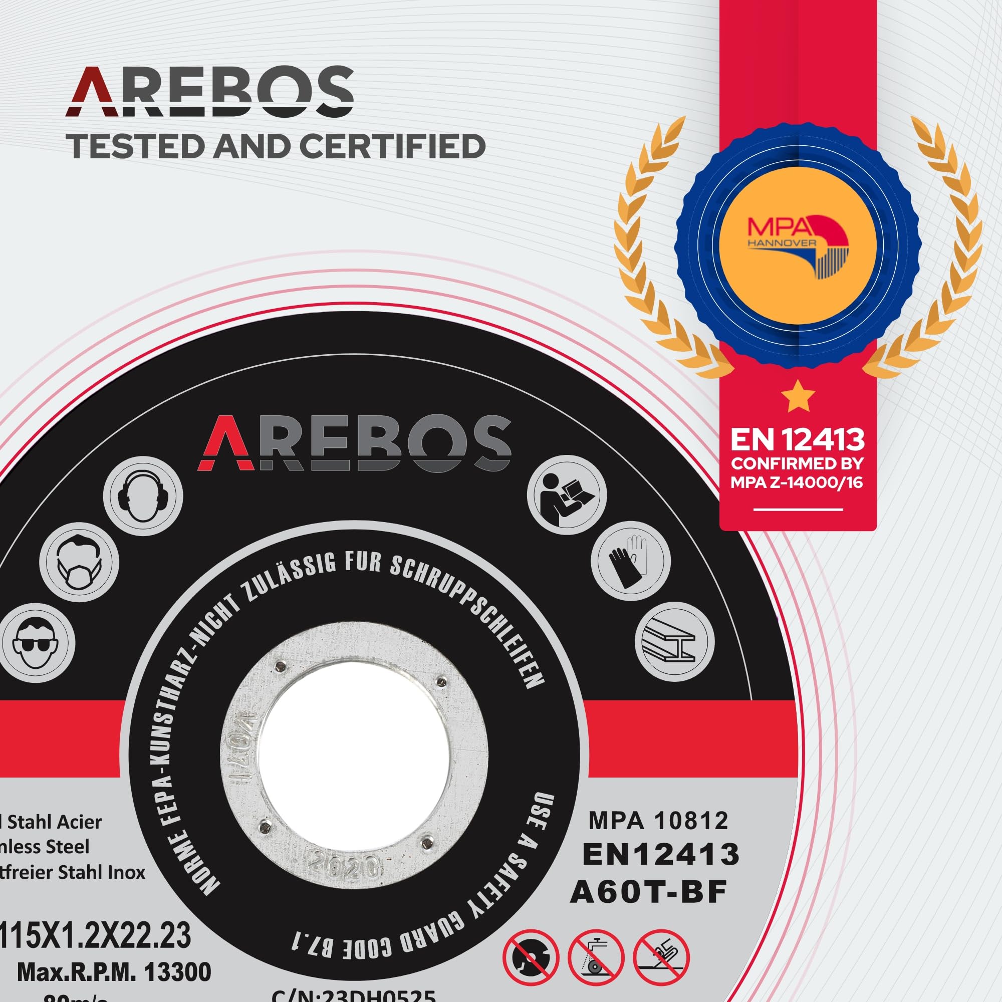 Arebos Discos de corte 200 piezas | Ø 115 mm x 1 mm x 22,2 mm | apto para acero, acero inoxidable, inox, hierro, chapa, metal | avance y retroceso | certificado EN 12413 | (MPA)