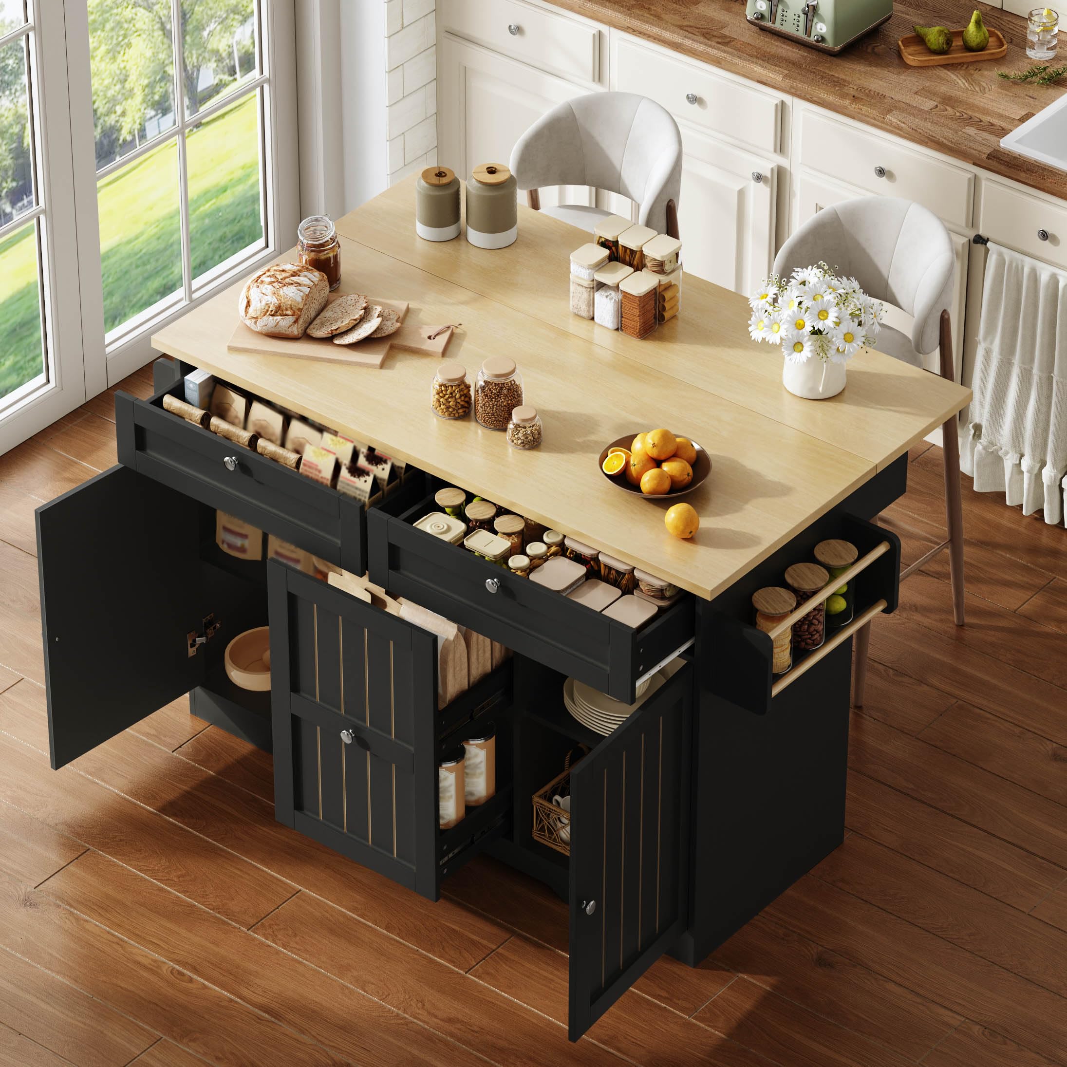 Isola da cucina mobile con piano di lavoro pieghevole, carrello da portata e armadietto, 137 x 70 x 92 cm, nero + naturale, cassetti verticali a 2 livelli, 2 cassetti grandi, ruote bloccabili