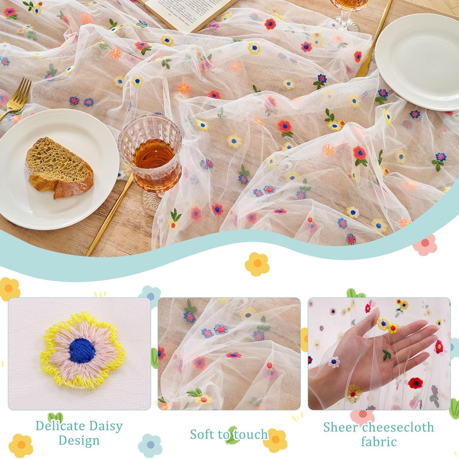 6PCS Lvory Floral Table Runner 10 FT, Embroidery Daisy Table Runners Seasonal Spring Summer Sheer Tulle Dining Table Decor for Home Party Birthday Decor 29x120 Inch