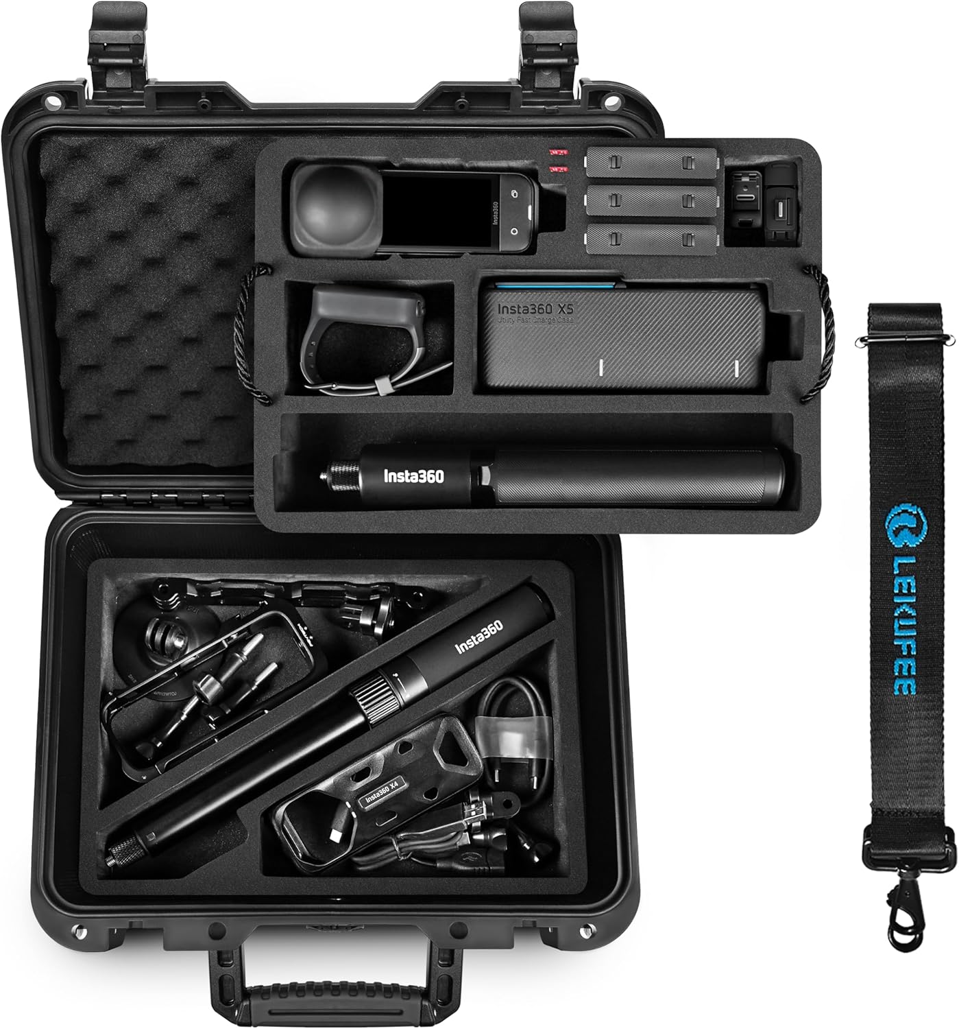 Lekufee Travel Waterproof Hard Case for Insta360 X5, Insta360 X4, Insta360 X3 Action Camera, 4x Battery, Mic Air Transmitter, More Accessories(Case Only)