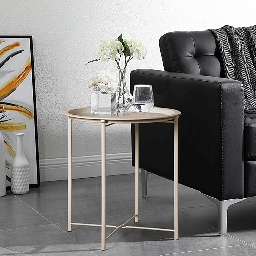 Miniatura 2 de VECELO Mesa auxiliarauxiliar, plegable, redonda, de metal, antioxidante, impermeable, para exteriores o interiores, bandeja para sala de estar,