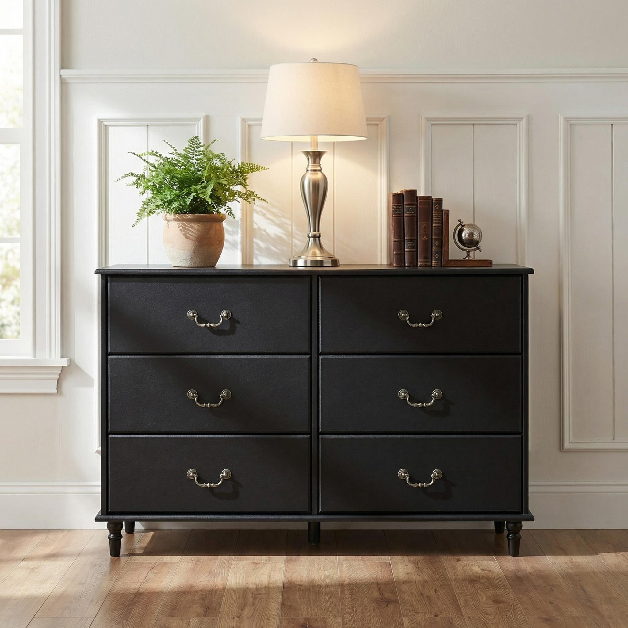 horizontal black dresser MAIYORIAT Farmhouse 6 Drawers for Bedroom black and natural wood dresser
