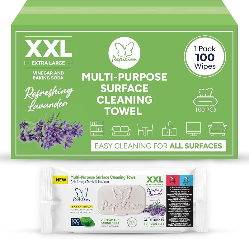 PAPILION Multi-Surface Cleaning Wipes, Lavender Scent, Removes Dirt & Stains, Paraben & SLS-Free, Surface-Safe Formula for Everyday Home, Kitchen & Office Cleaning, Flip-Top Pack, 100 Count