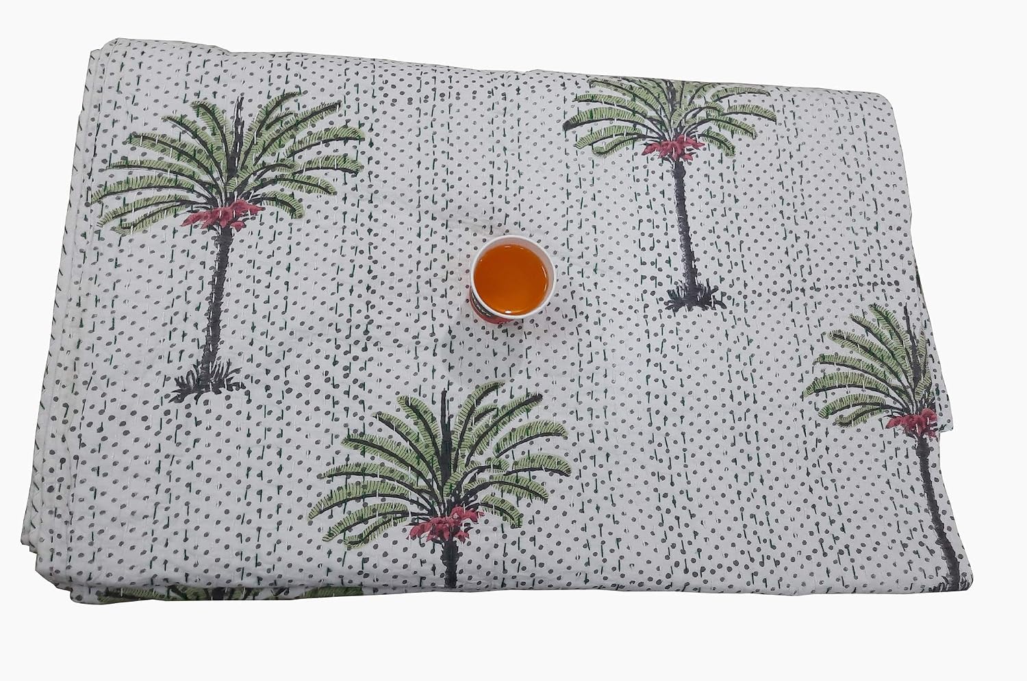 Hand Made Palm Tree Dot Cotton Indian Kantha Quilted Kantha Quilt Bed Spread Blanket Throw Indian Queen Size White Base Size 90” X 108”