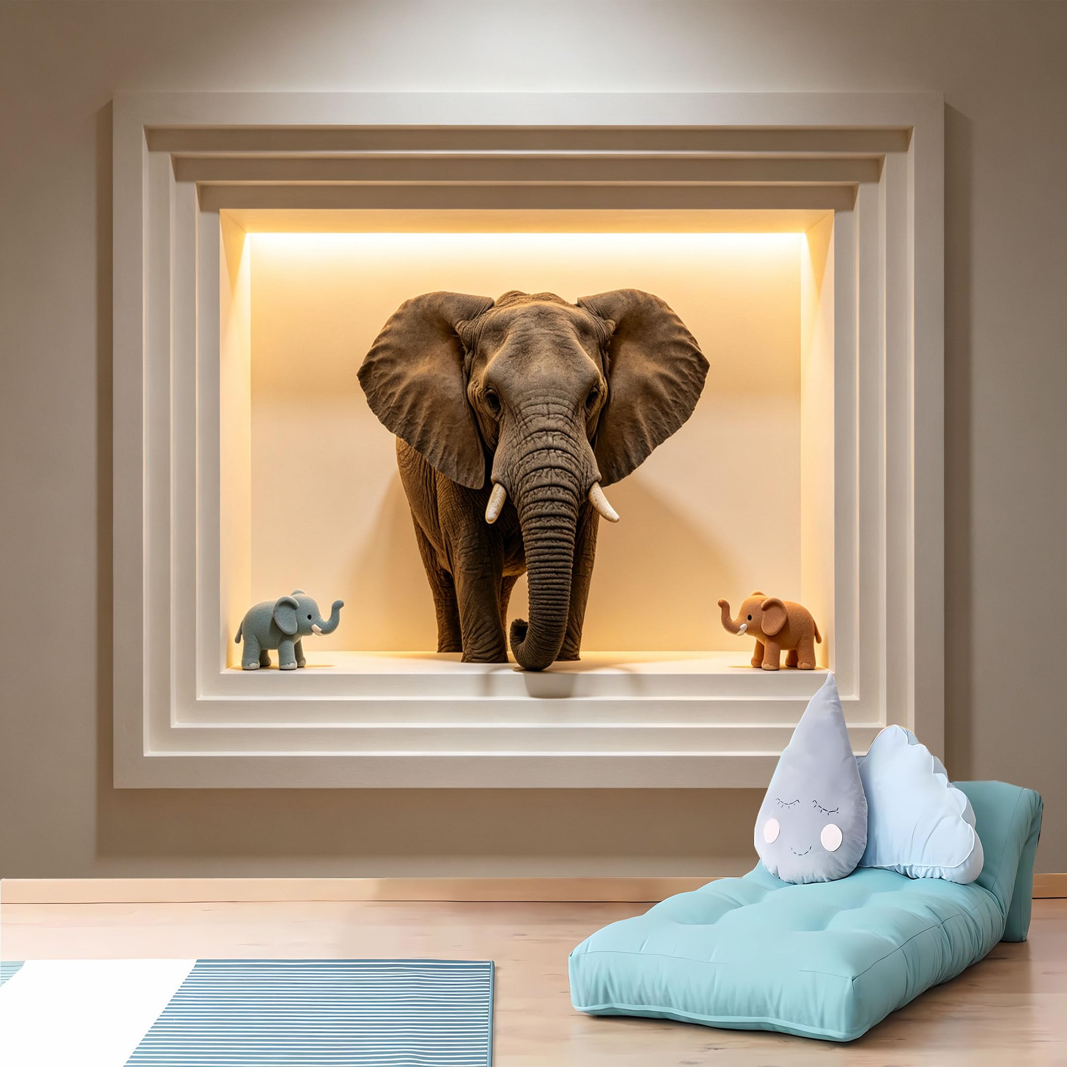Custom Size Wall Murals 3D Elephant Family Niche Scene Vivid Wall Stickers Self-Adhesive Wall Fabric (NO PVC) Removable Wallpaper for Nursery