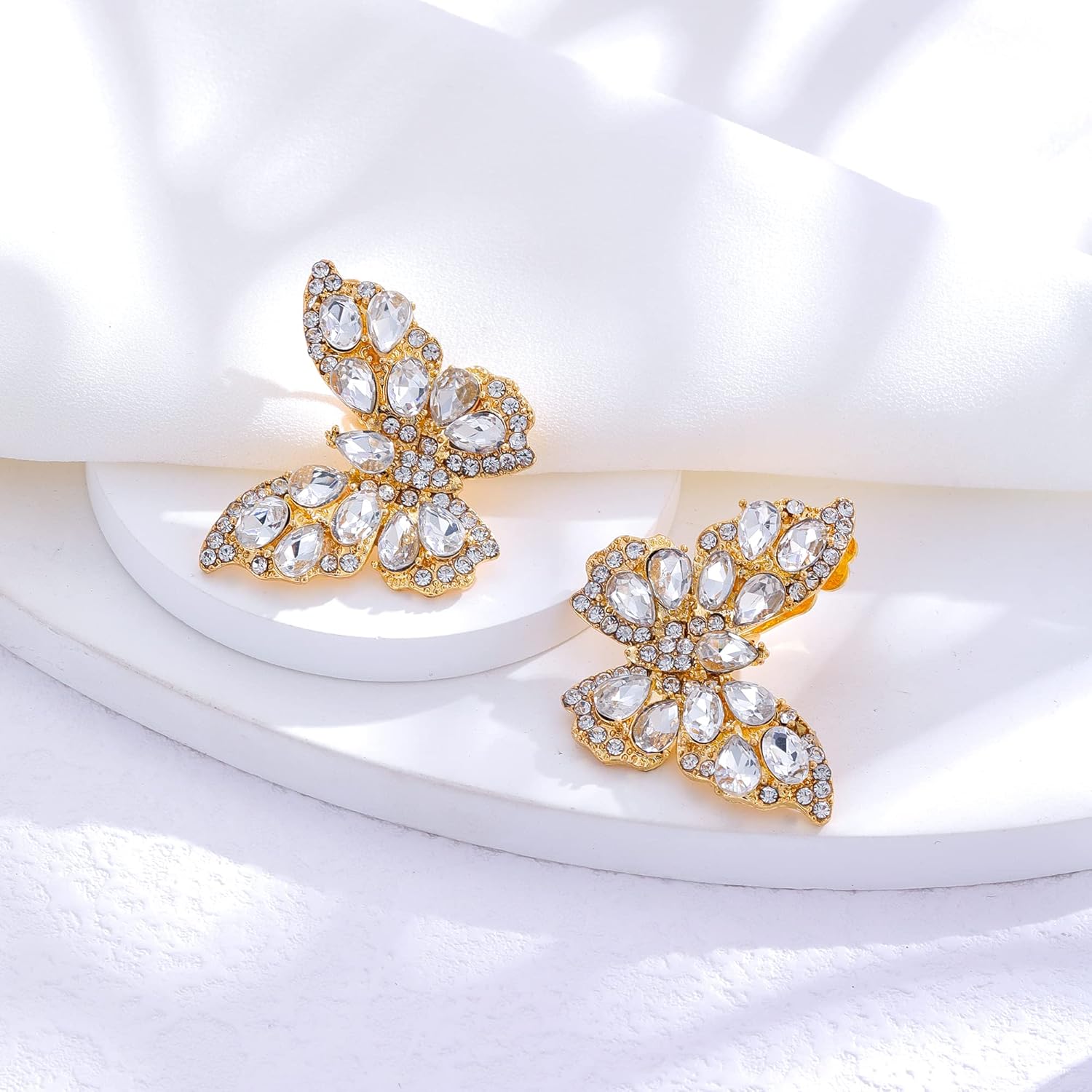 Butterfly Clip on Earrings Statement Faux Rhinestone Crystal Sparkly Clip on Earrings for Women Hypoallergenic Non-Pierced Clip on Dangle Earrings Women Birthday Xmas Valentine's Day Gifts - Image 4