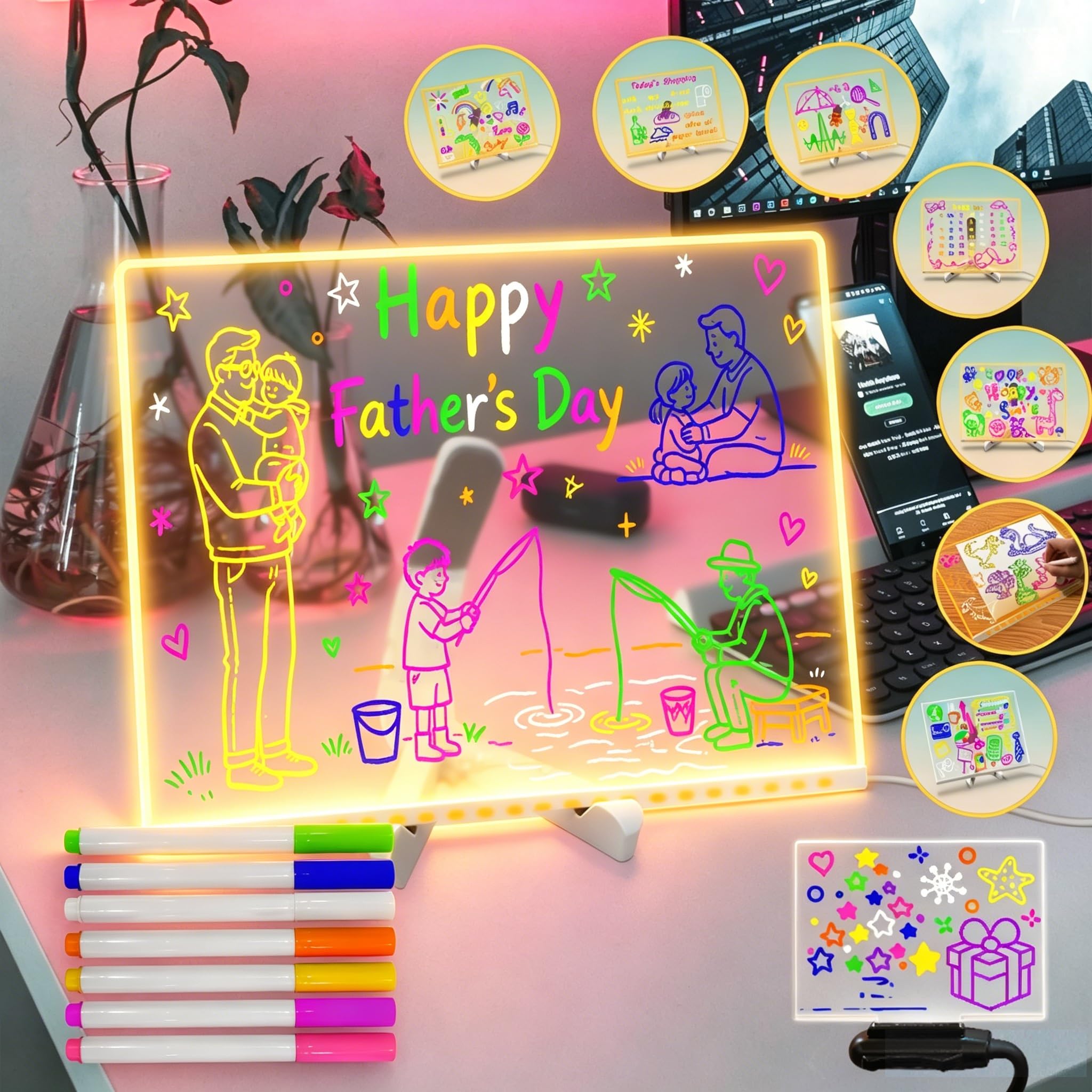Fanrui Tablero de dibujo LED brillante para niños con colores y luz nocturna, pizarra blanca acrílica de borrado en seco de 11.8 x 7.9 pulgadas, alimentación por USB, regulable, lista de tareas