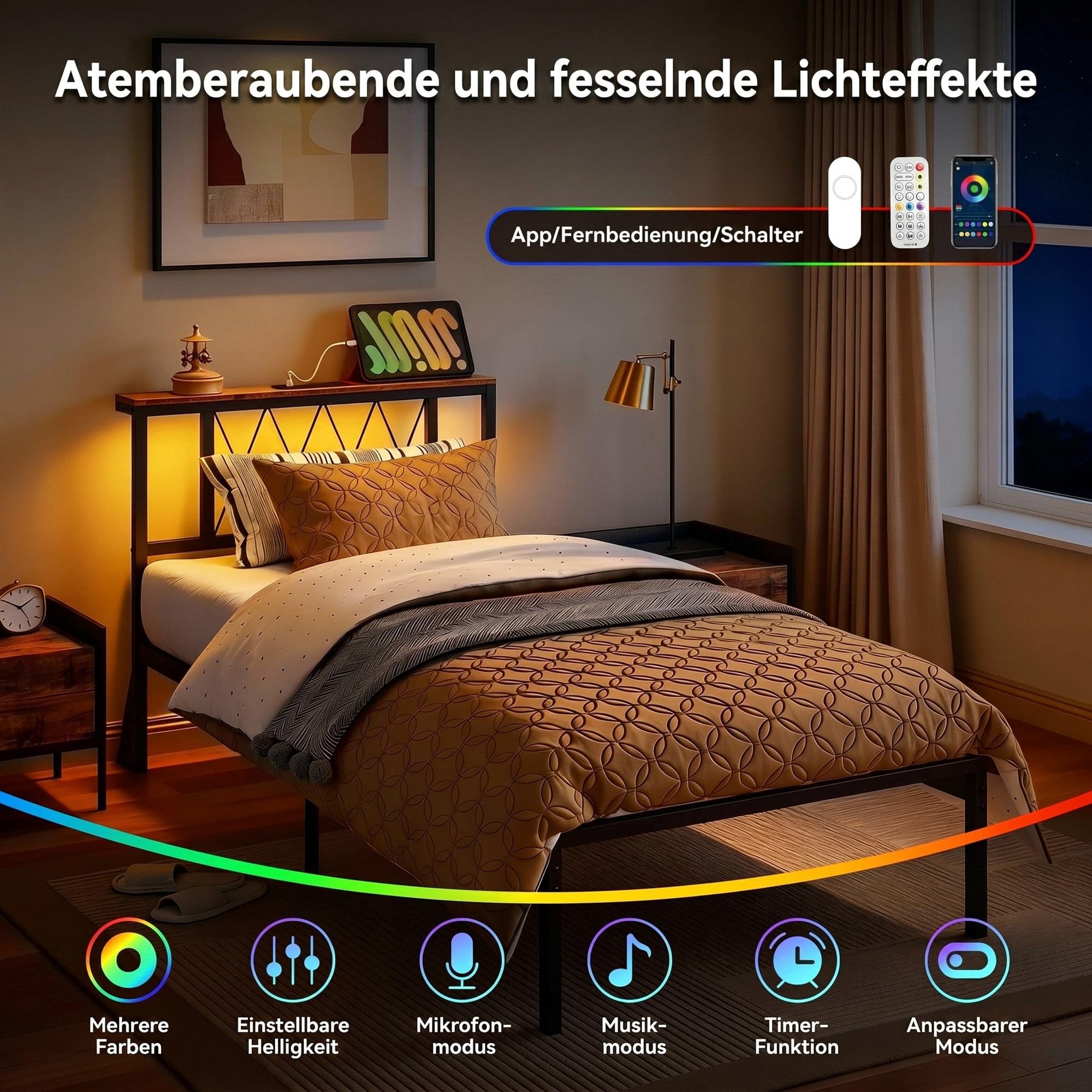 IRONCK Bett 90x200 mit LED Beleuchtung, Bettgestell 90x200 mit Steckdose, 1 USB, 1 USB-C-Anschlüsse, Metallbett mit Kopfteil und Stauraum, Jugendbett, Einzelbett mit Metal Lattenrost