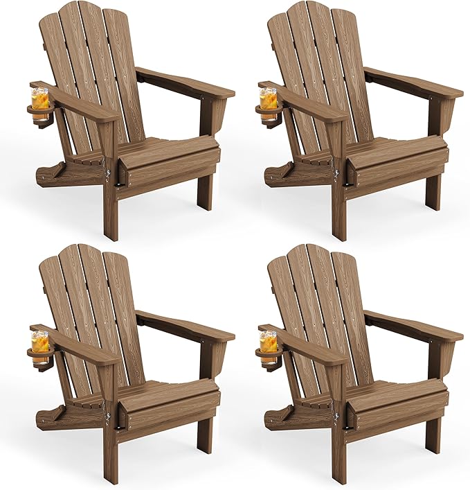 KINGYES Folding Adirondack Chair Set of 4, HDPE All-Weather Patio Chairs Recliner with Cup Holder, Wooden Textured Fire Pit Chairs for Poolside, Backyard, Deck, Brown