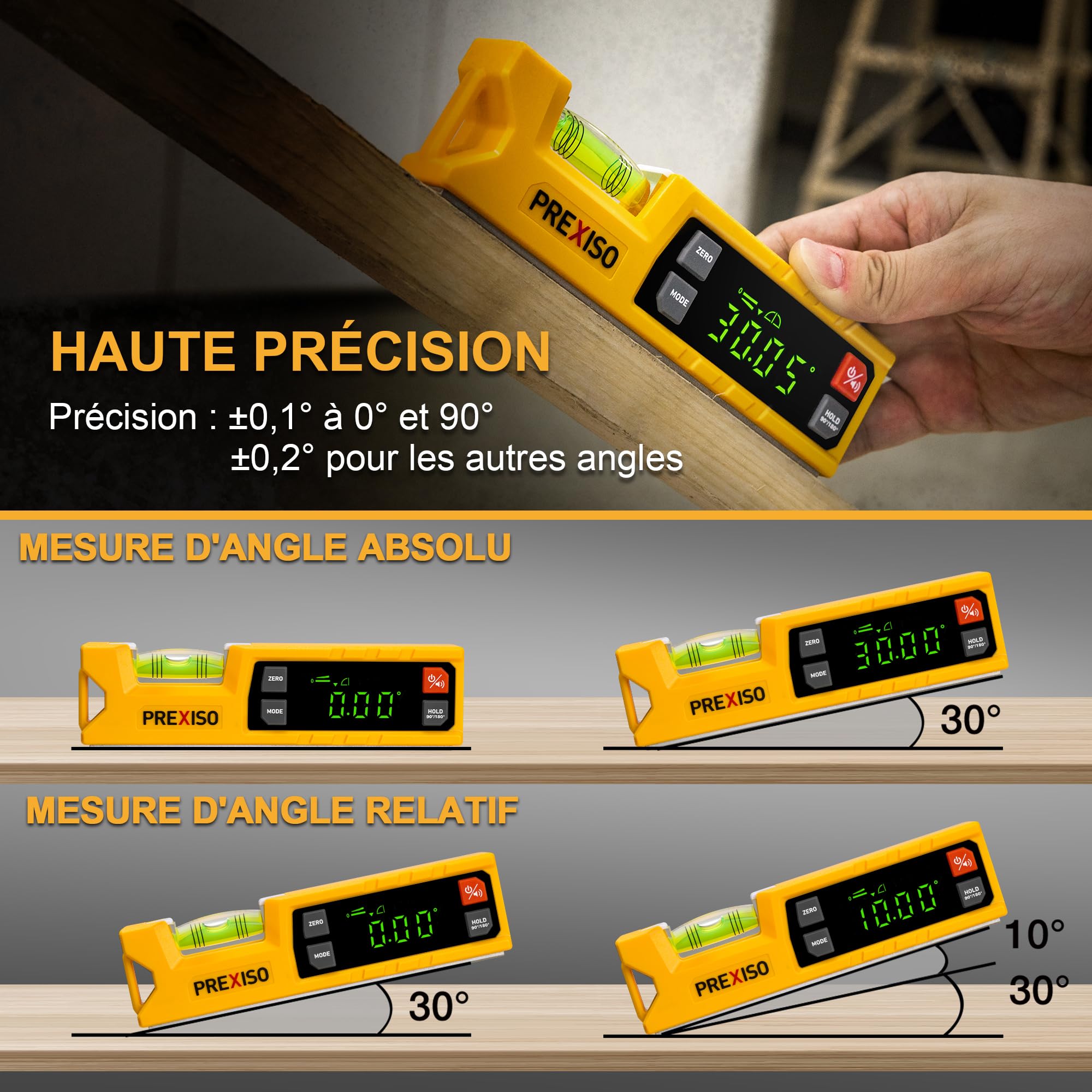 PREXISO Niveau à Bulle Numérique Rapporteur Digital 175 mm, Inclinomètre Électronique avec Base Magnétique et Indicateur Audio pour Menuiserie, Construction et Domestique