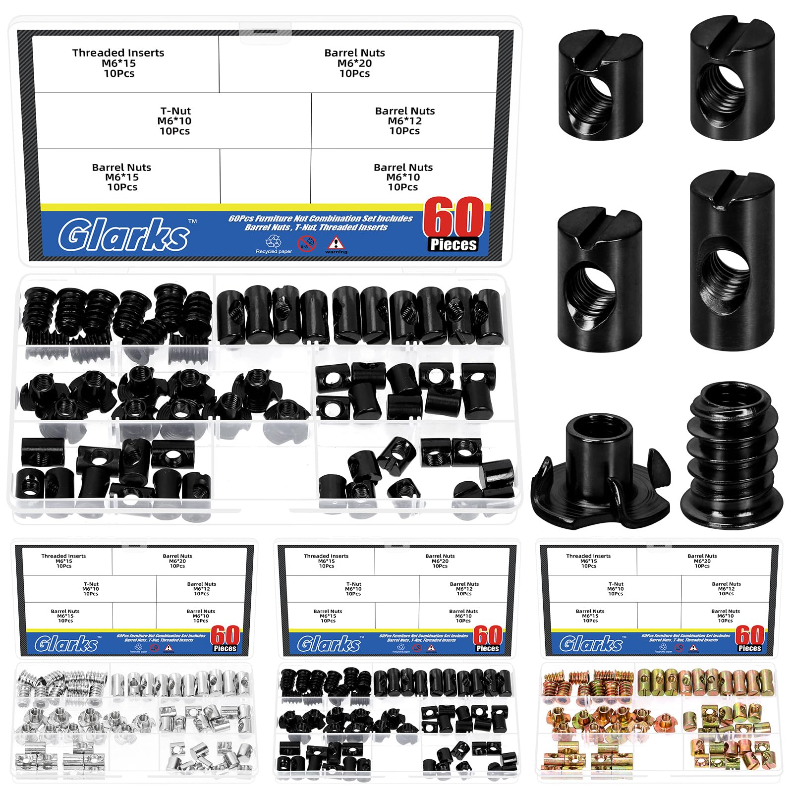 Glarks 60pcs M6 x 10/12/15/20mm Black Barrel Cross Dowels Slotted Nut Kit, Includes 40pcs Barrel Nut, 10pcs M6 x 10mm 4-Pronged Tee Nut, 10pcs M6 x 15mm Hex Socket Threaded Insert Nuts