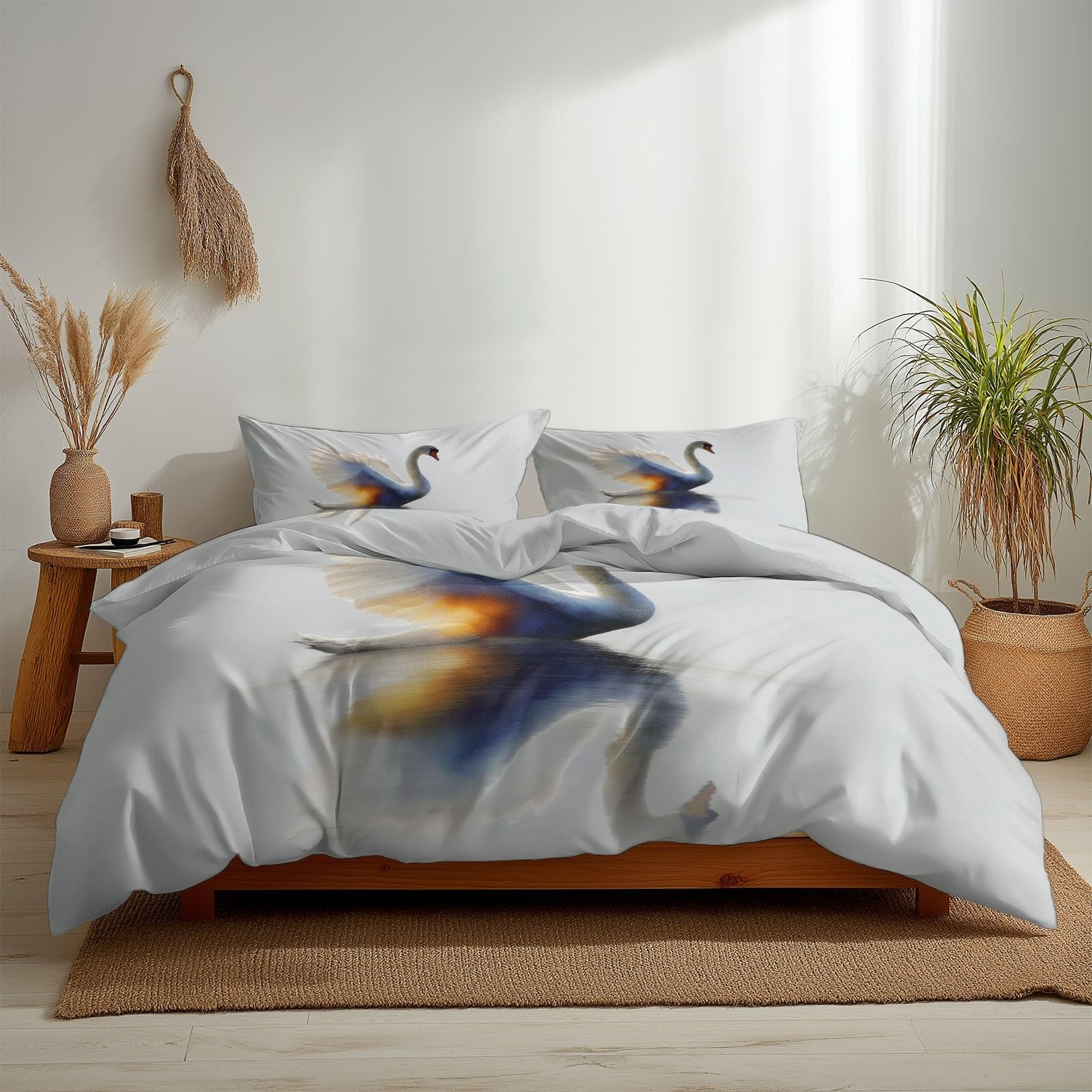 Pościel z mikrofibry fantastyczny styl łabędzia taniec, dwustronna poszwa na kołdrę 240 x 260 cm z 2 białymi poszewkami na poduszki 3 sztuki, dla dorosłych, dzieci, dziewcząt, chłopców