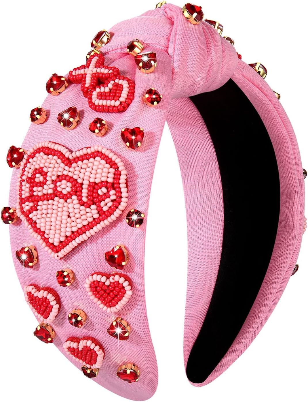 Valentine's Day Headbands for Women Rhinestone Beaded Heart Headband Pink Red Crystal Knotted Headband Valentine's Day Hair Accessories Party Decor Gifts (Bead Love Heart)