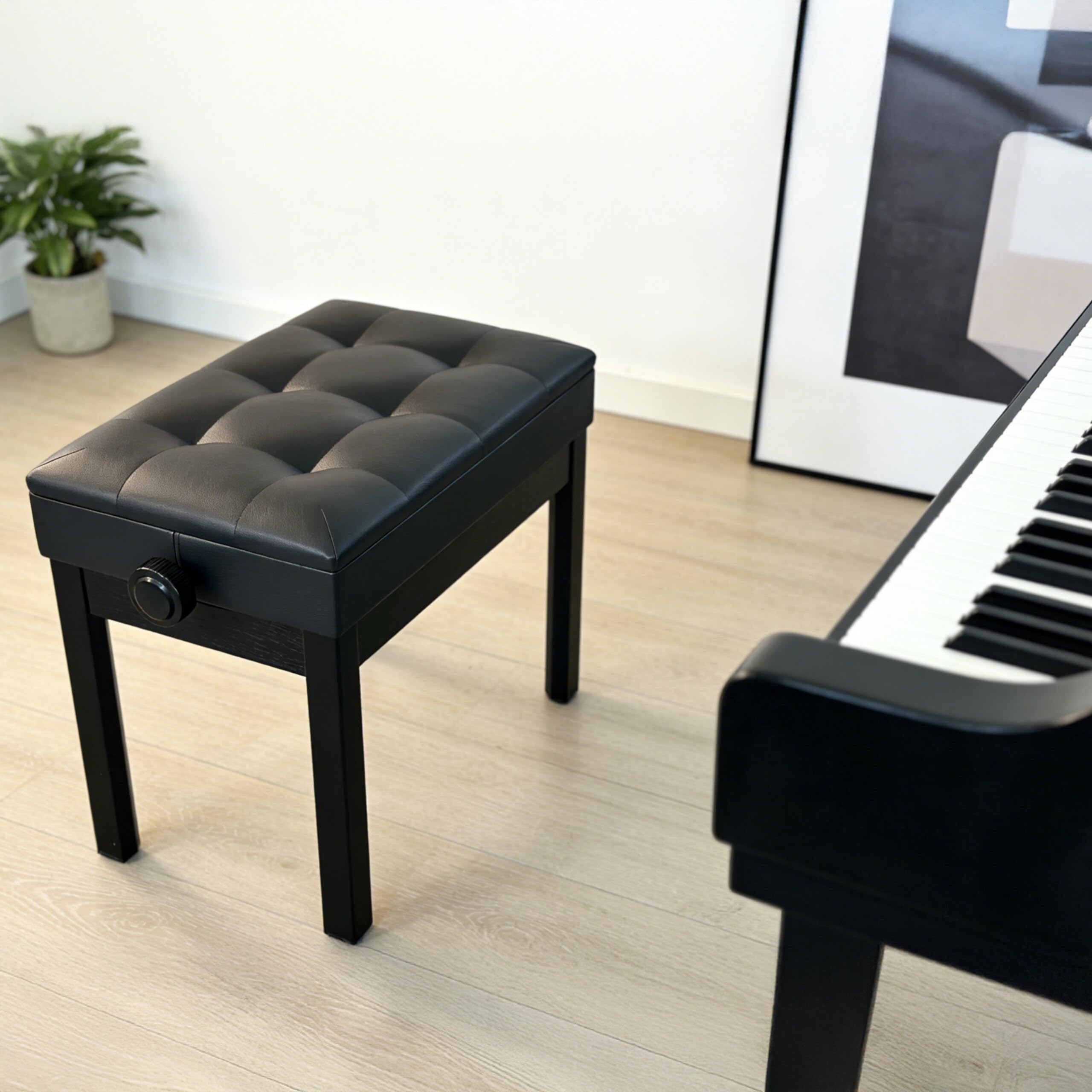 Banco de piano Relaxdays, regulable en altura, 48–58 x 55 x 33 cm, con almacenaje, madera, polipiel, negro