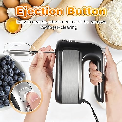 Miniatura 5 de Batidora de mano eléctrica de 5 velocidades y 400 W - Mezclador de mano ultra potente con función turbo y botón de expulsión, 5 accesorios de acero