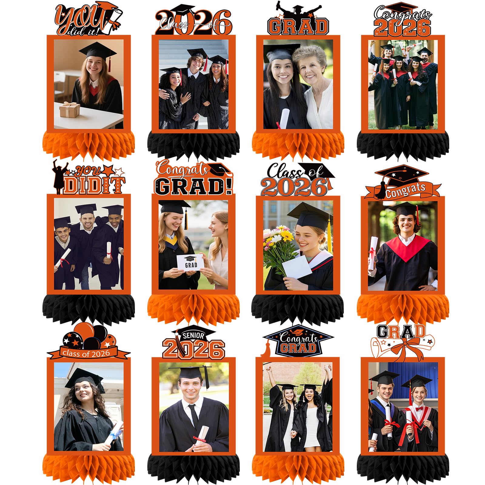 Photo 1 of 12 Pcs 2026 Graduation Decorations Table Centerpiece, Orange Congrats Grad Honeycomb Class of 2026 Photo Toppers for Graduation Party Favors Supplies Indoor Outdoor