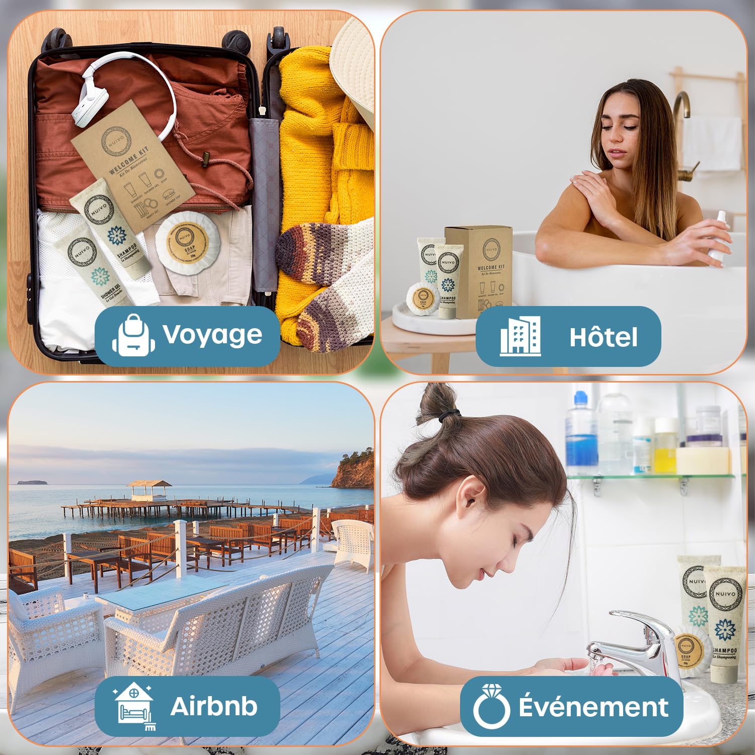 Pack de 50 Kits d’Accueil Écoresponsables Complets pour Hôtel, Airbnb, Gîte, Mariage – Mini Shampoing, Gel Douche, Savon, Vanity Kit, Bonnet de Bain – Sans Paraben - Format Voyage