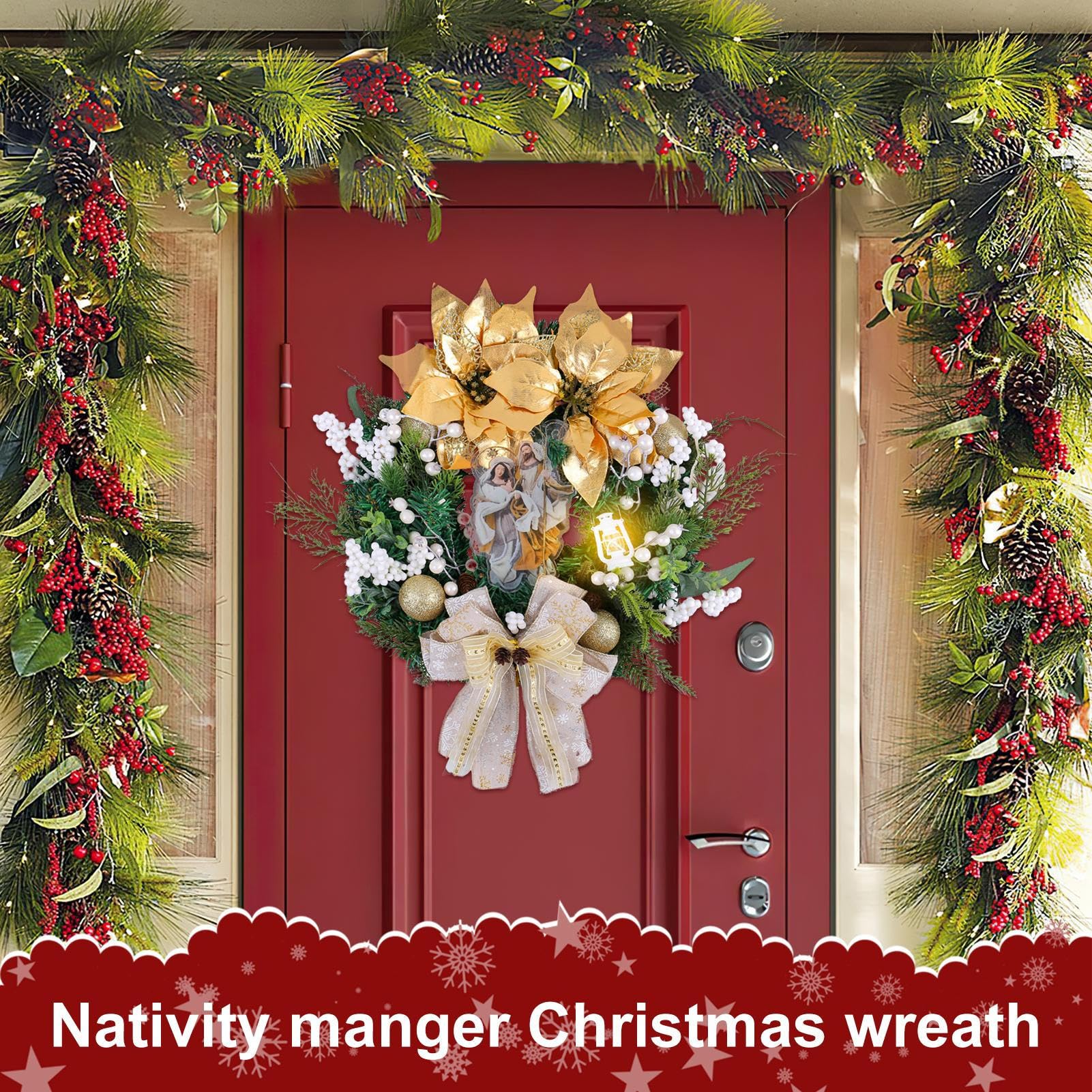 Coronas Navideñas para Puerta Principal Decoración De Pared Nacimiento | Corona Navideña Artificial Con Luces LED Para Porche Chimenea Cocina Salón Dormitorio Entrada Escuela Bodas Restaurante